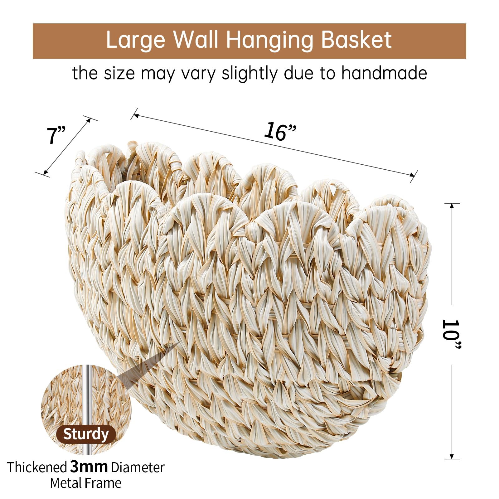 Coeusy Panier suspendu en osier, panier mural festonné pour organiser et décorer, paniers de rangement tissés bohèmes pour jouets, tissu, fleurs, magazines, blanc