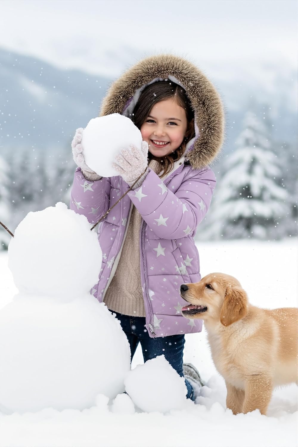 IFFEI Girls Winter Coat Jacket Fur Hooded Long Puffer Jacket Flower Print Warm Outdoor Coats for Kids 3-11 Years - Image 3