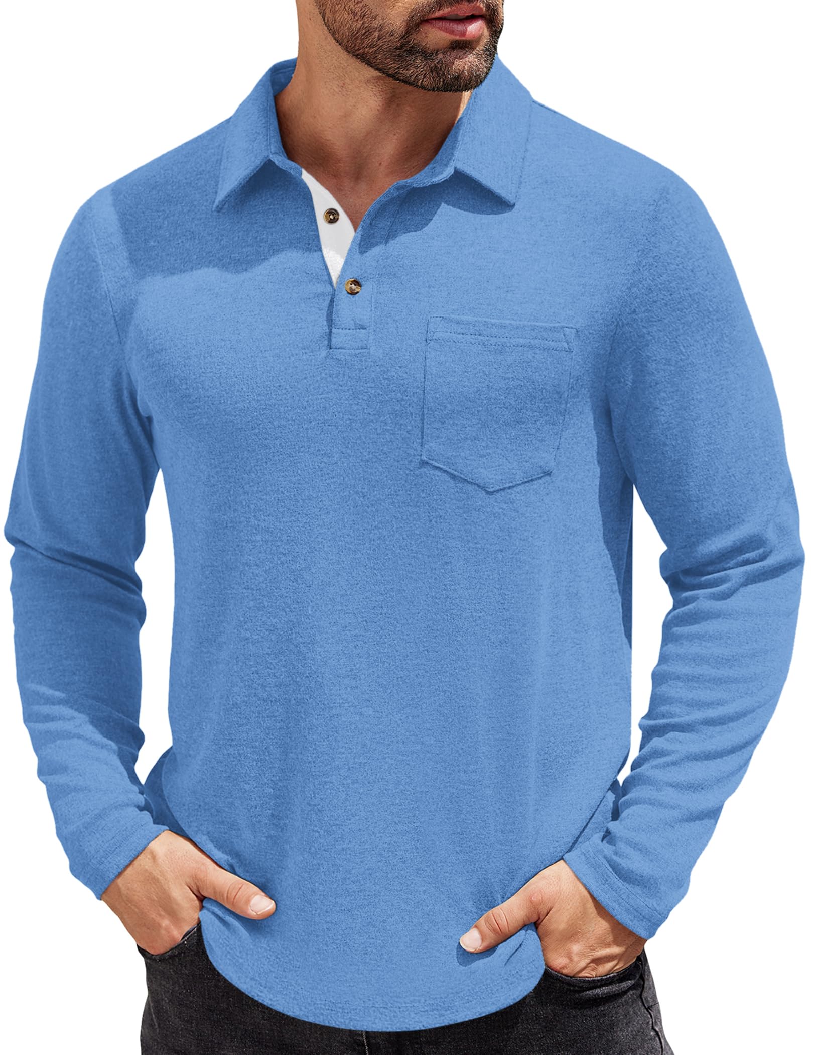COOFANDY Men's Long Sleeve Polo Shirt Casual Dress Button Polo T Shirt with Pocket Basic Lightweight Collared Golf Shirt ISCC PLUS