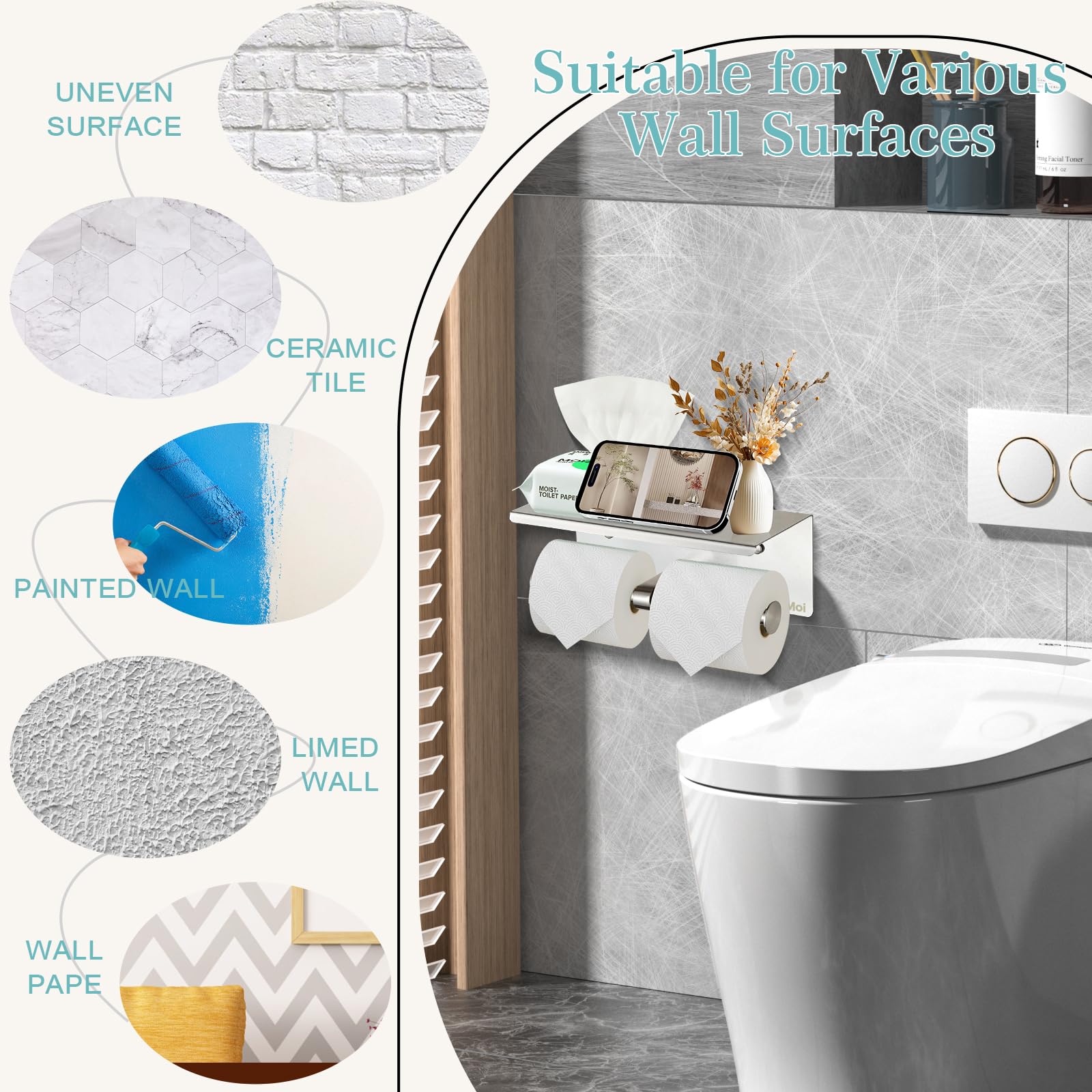 Toilet Roll Holder Wall Mounted Stainless Steel Toilet Paper Holder with Shelf Heavy Duty Double Roll Bathroom Organizer for Small Spaces & RVs - Image 2