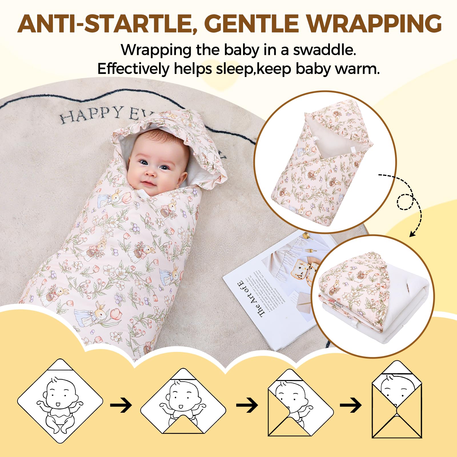 LAT Einschlagdecke für Babyschale, 90 * 90CM Universal Babydecke für Neugeborene, Kuscheldecke mit Kapuze Babydecke für Kinderwagen Buggy Autositz (Kaninchen und Blumen)