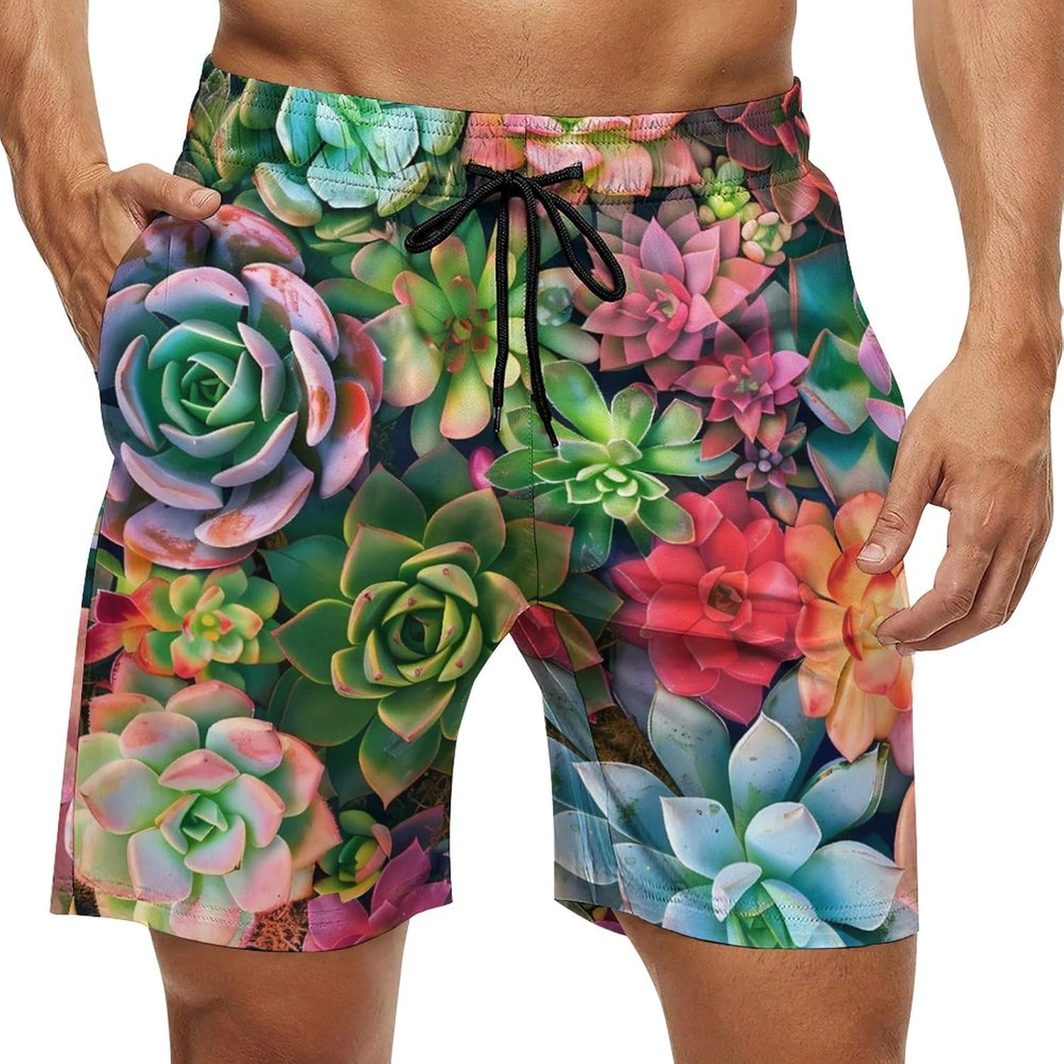 Succulents Casual Men's Swim Trunks Novelty Summer Beach Shorts Swimwear with Pocket