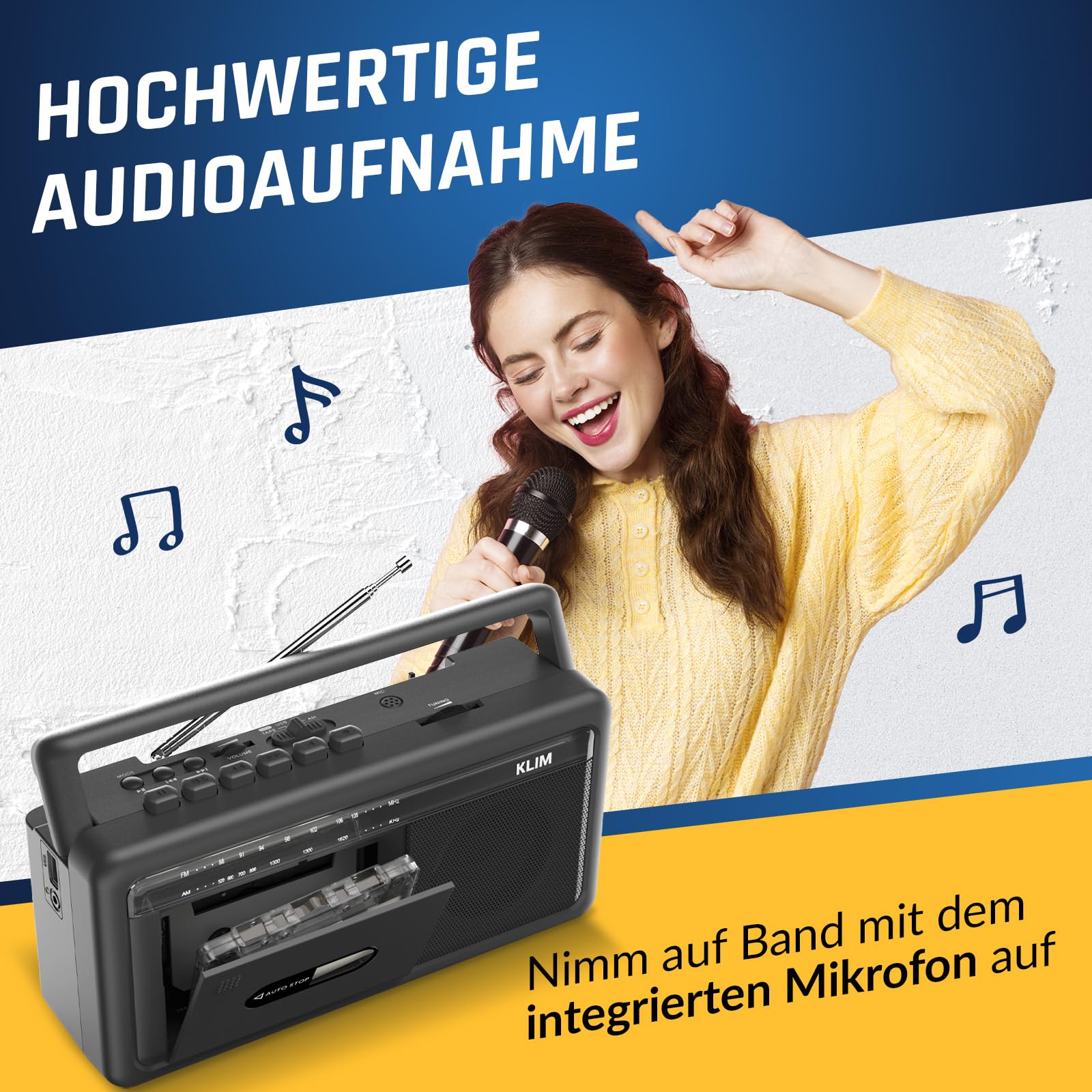 KLIM Tragbare Kassettenspieler Boombox, AM/FM Radio, Bluetooth Radio, Cassette Player & Kassettenrecorder, USB, Lautsprecher, Kopfhöreranschluss, Batteriebetrieb & Netzbetrieb - Schwarz
