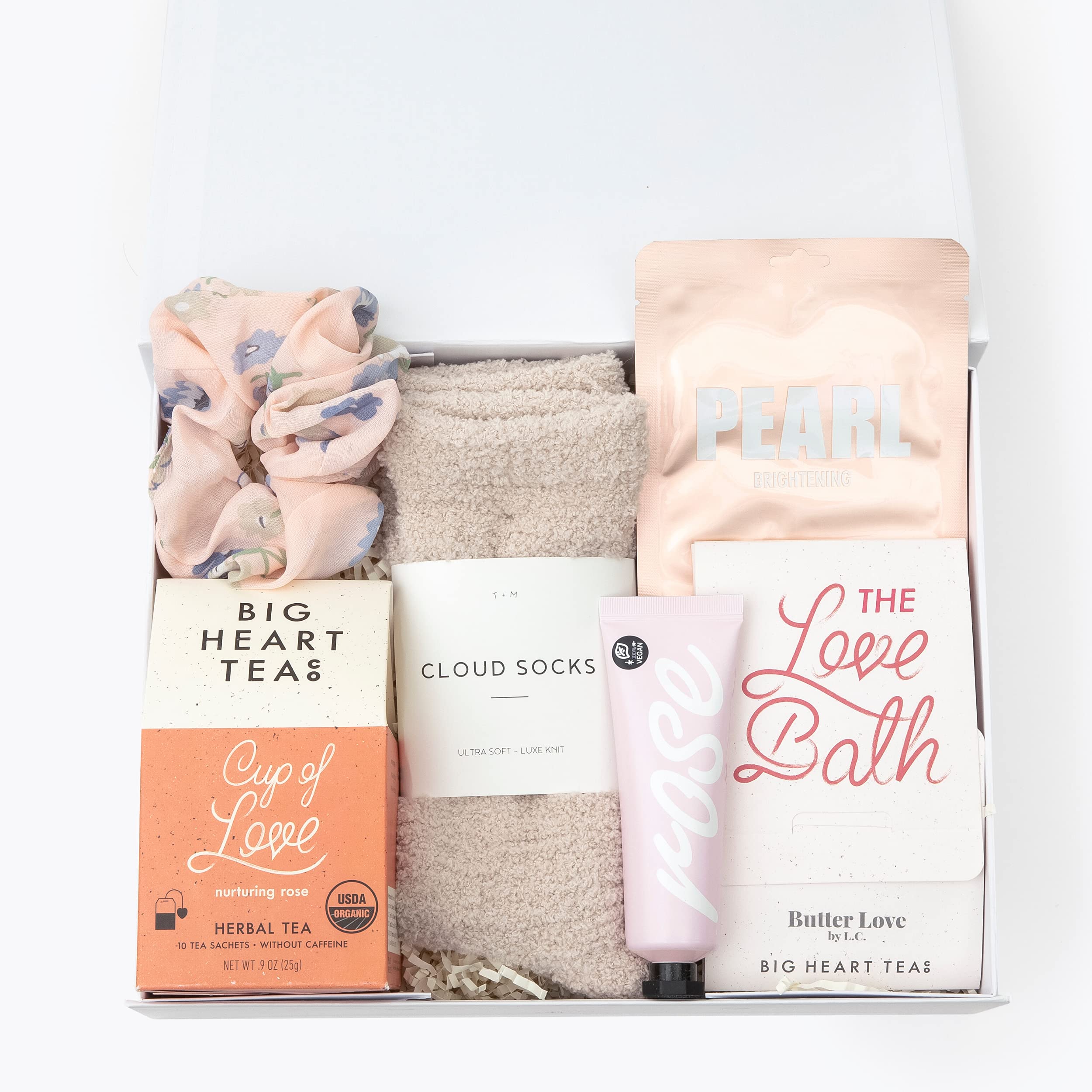Unboxme Gifts Basket For Women - Relaxation Gifts I Self Care Package with Vegan Hand Cream, Pearl Sheet Mask, Herbal Bath Soak, Rose Organic Tea, Fluffy Socks, Floral Scrunchie & Card