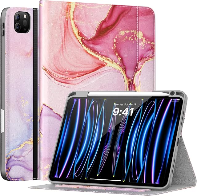 MoKo iPad Pro 11 Inch Case 4th/3rd/2nd/1st Generation 2022/2021/2020/2018 and iPad Air 5th/4th Generation 10.9 2022/2020 with Pencil Holder, Hand Strap, Multi-Angle Viewing, Marble Glitter Light Pink