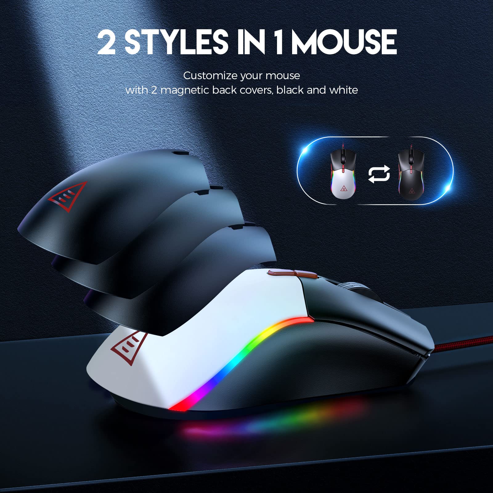 EKSA EM200 Gaming Mouse Wired, USB Mice with 13 RGB Backlit (Black and White) 1
