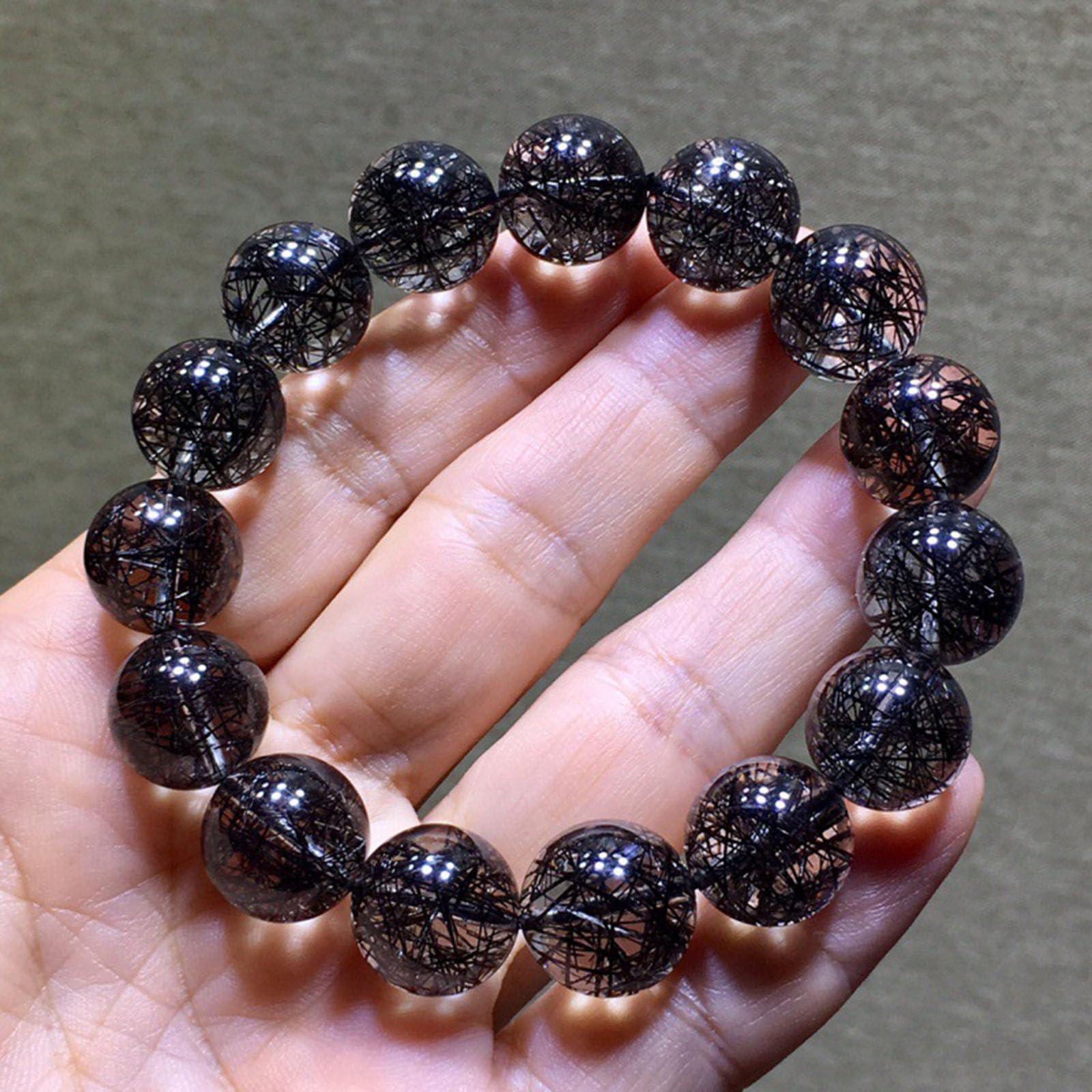 14mm, Natürliches schwarzes Rutilkristall-Armband, runde Edelsteinperlen-Armbänder, Naturstein-Stretch-Meditationsschmuck, Geschenk für Männer und Frauen