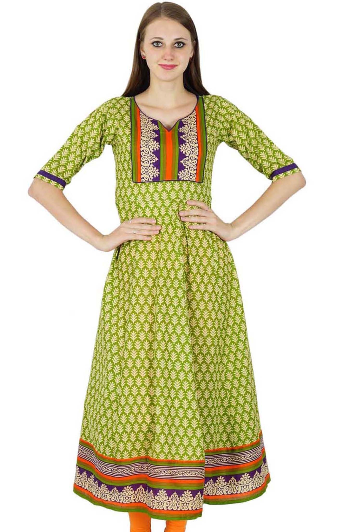 Phagun Women's Green And Orange Bollywood Kurta Indian Designer Floral Print Ethnic Kurti Top Tunic Dress