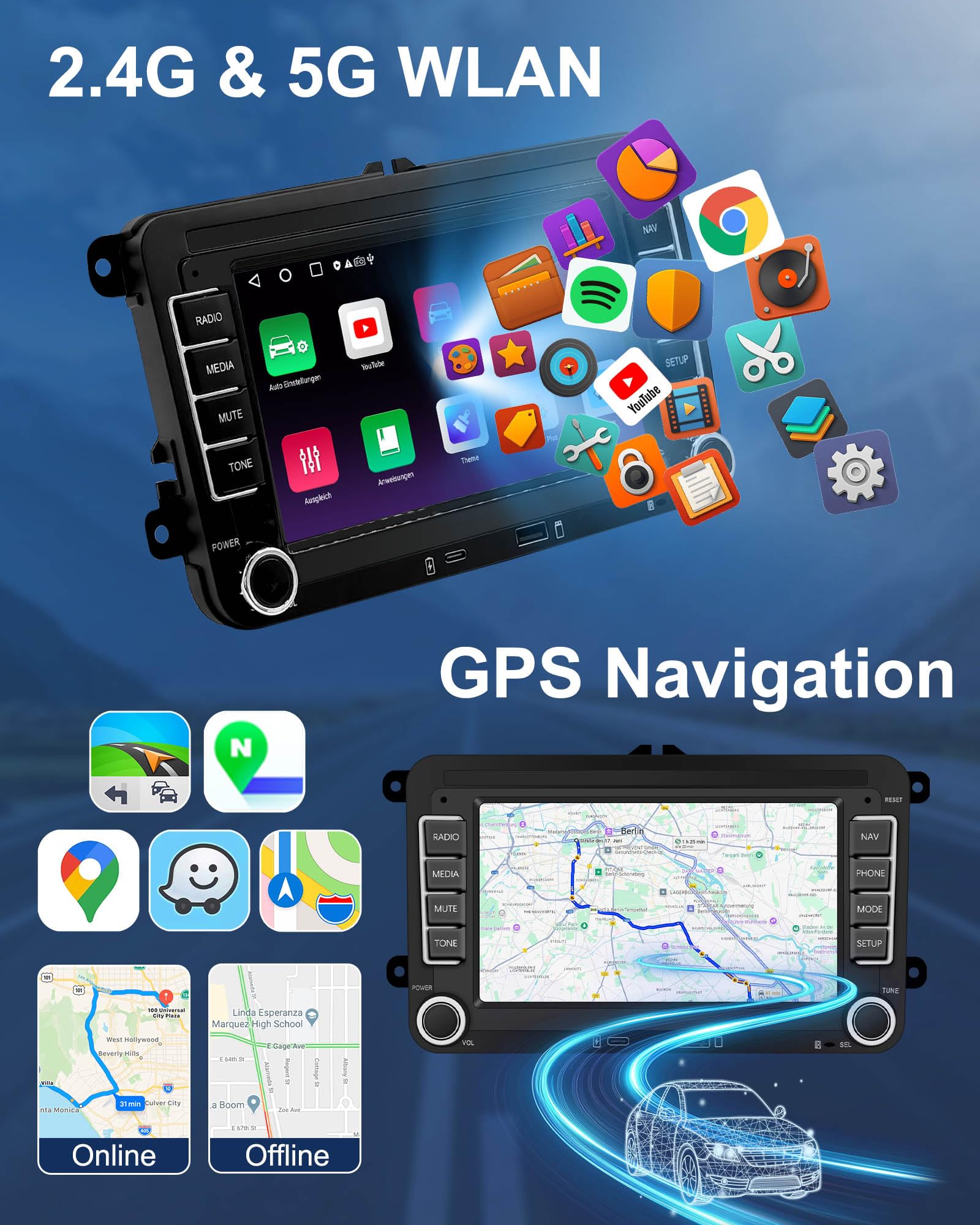 Ledio Bluetooth Autoradio mit Bildschirm für VW Golf 5 6 T5 Polo 6r Caddy Passat Touran Seat, Auto Radio mit Navi WLAN FM/AM Dab Radio, Apple Carplay Android Auto Mirrorlink 2Din 7 Zoll Android 14 GPS