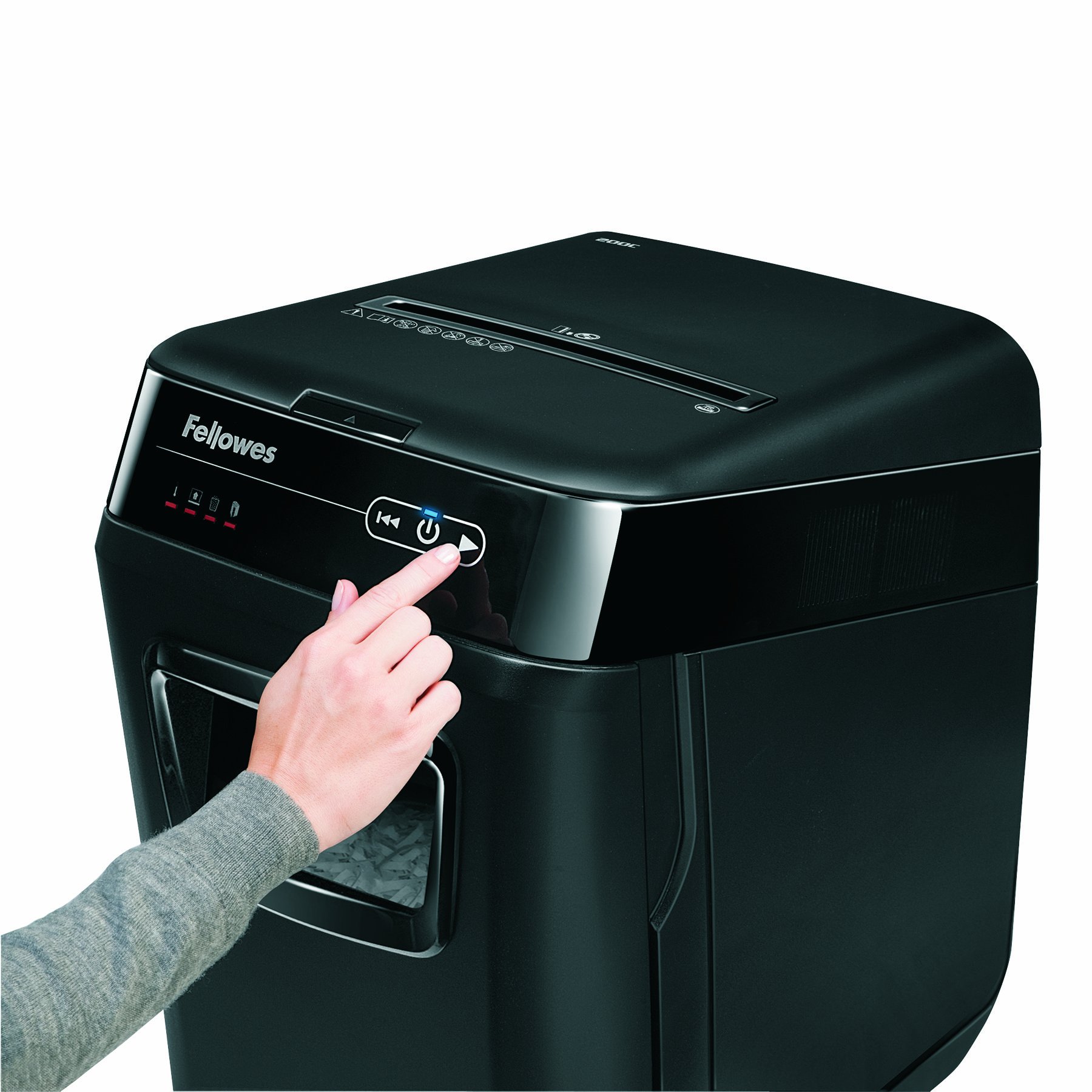 Fellowes Autofeed niszczarka do dokumentów Automax 200C, 4 x 38 mm cięcie cząstek (P-4), 200 arkuszy, dla 1-3 użytkowników w biurze lub domowym biurze, cicha praca dzięki SilentShred, niszczenie płyt