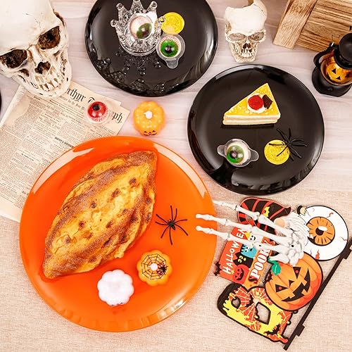 Miniatura 4 de KIRE 60 platos de plástico para Halloween, color negro y naranja, desechables, 30 platos de postre negros y 30 platos llanos naranjas, platos de