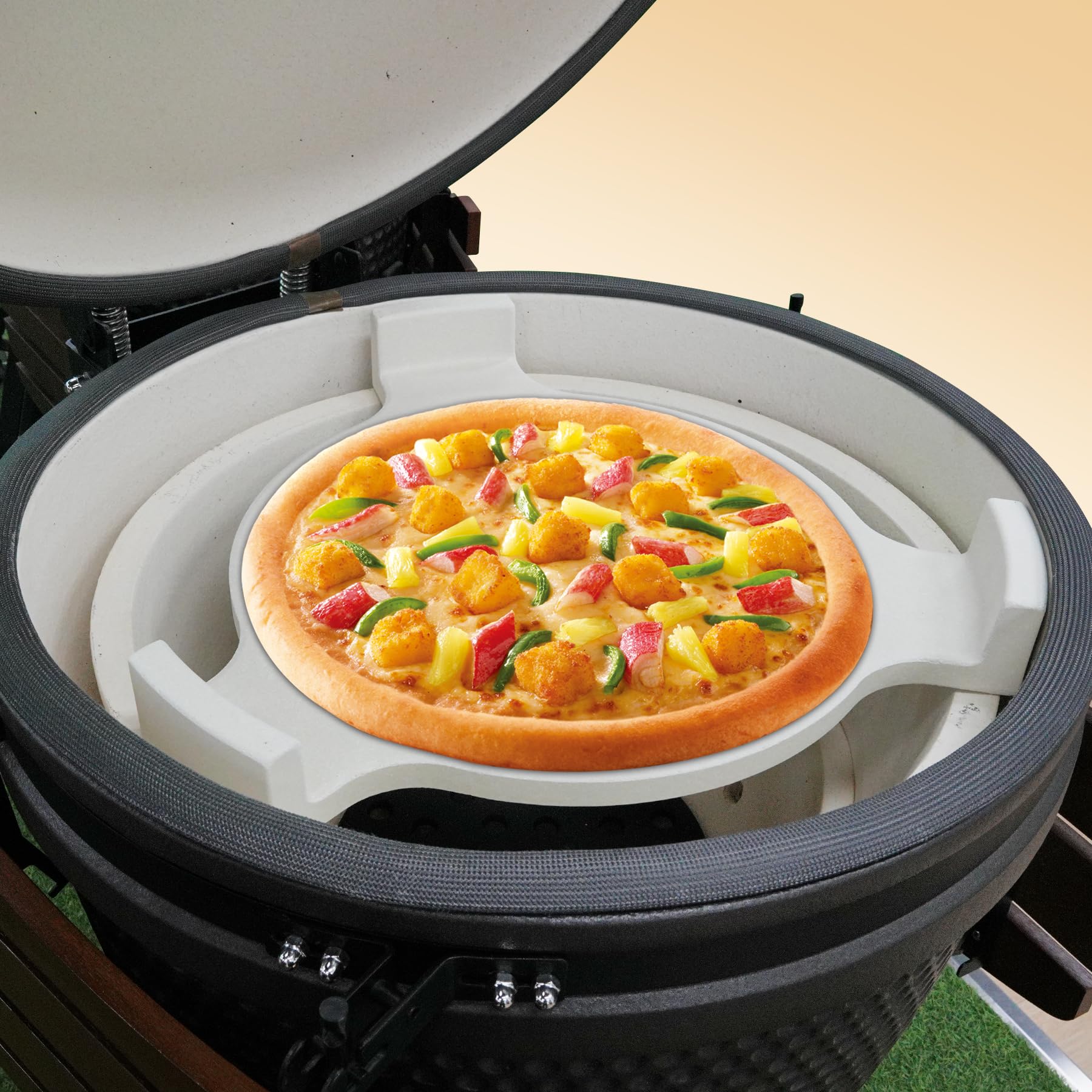 13'' Pizzastein & Heat Deflector für Kamado Zubehör – Extra Dicker Keramik Conveggtor mit 3 Beinen, Grill Deflektorstein & Backstein für Pizza, Brot & BBQ