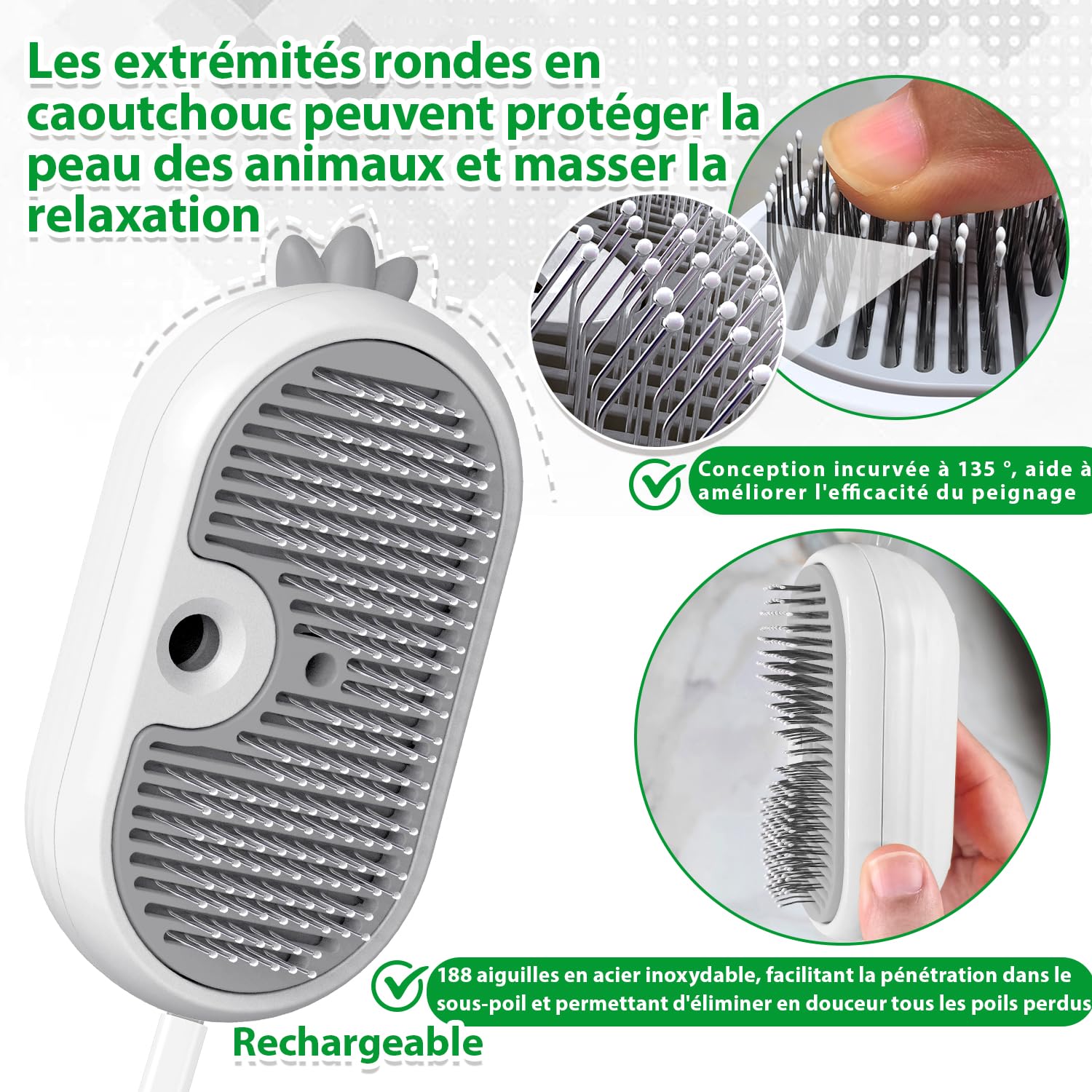 Brosse Chat Vapeur avec Bouton de Déverrouillage, Rechargeable Brosse Vapeur pour Poils Longs et Courts Chats Chiens Lapins, Autonettoyant Brush pour le Toilettage des Animaux de Compagnie