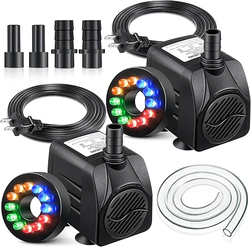 Paquete de 2 bombas sumergibles de fuente de 15 W 220 GPH con 12 luces LED de color, bomba de fuente pequeña con 4 boquillas de pulverización,