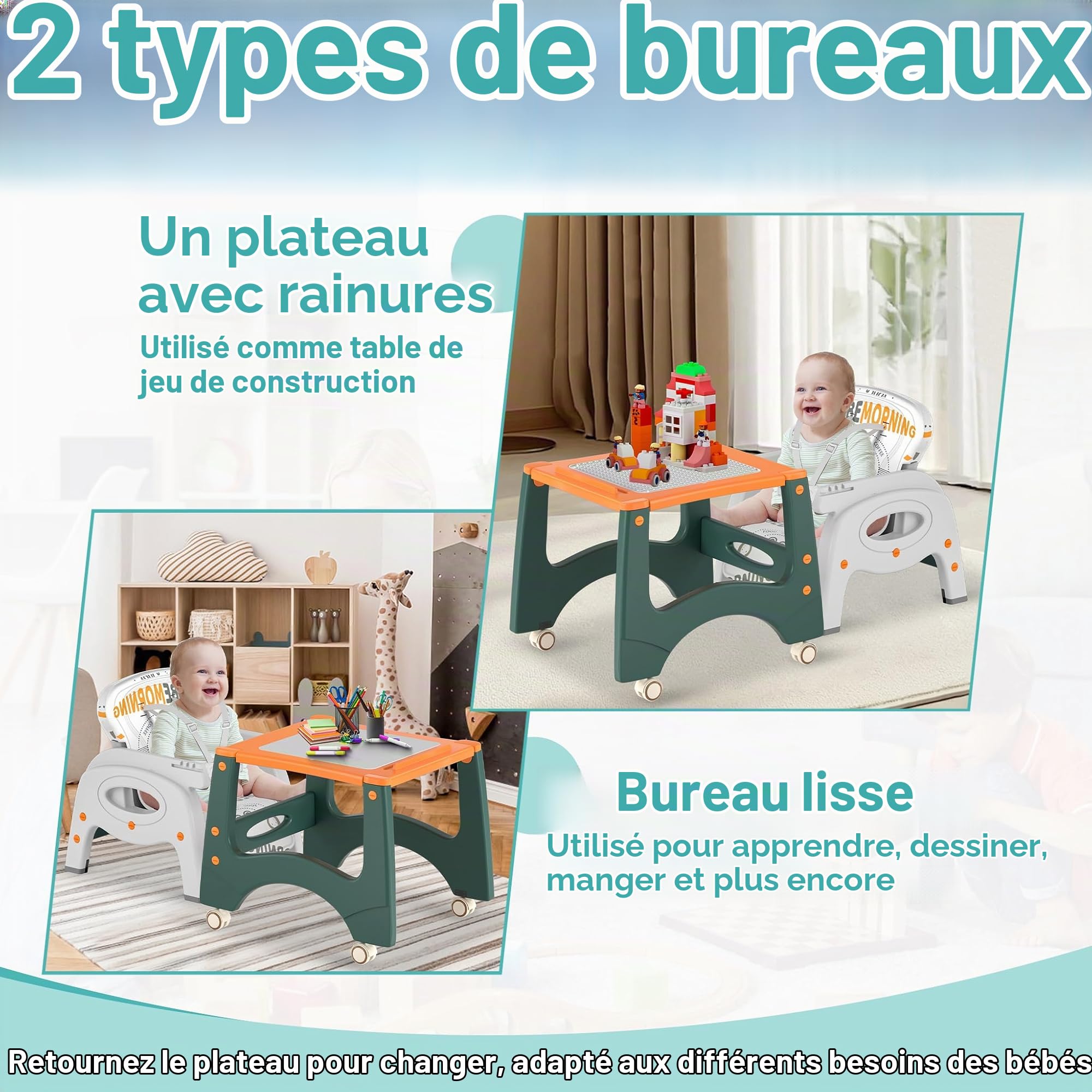 XMTECH Chaise haute pour bébé 6 en 1 pour bébés et tout-petits avec ceinture de sécurité, à partir de 6 mois, chaise de salle à manger, dossier réglable, table d'apprentissage, table et chaises, table