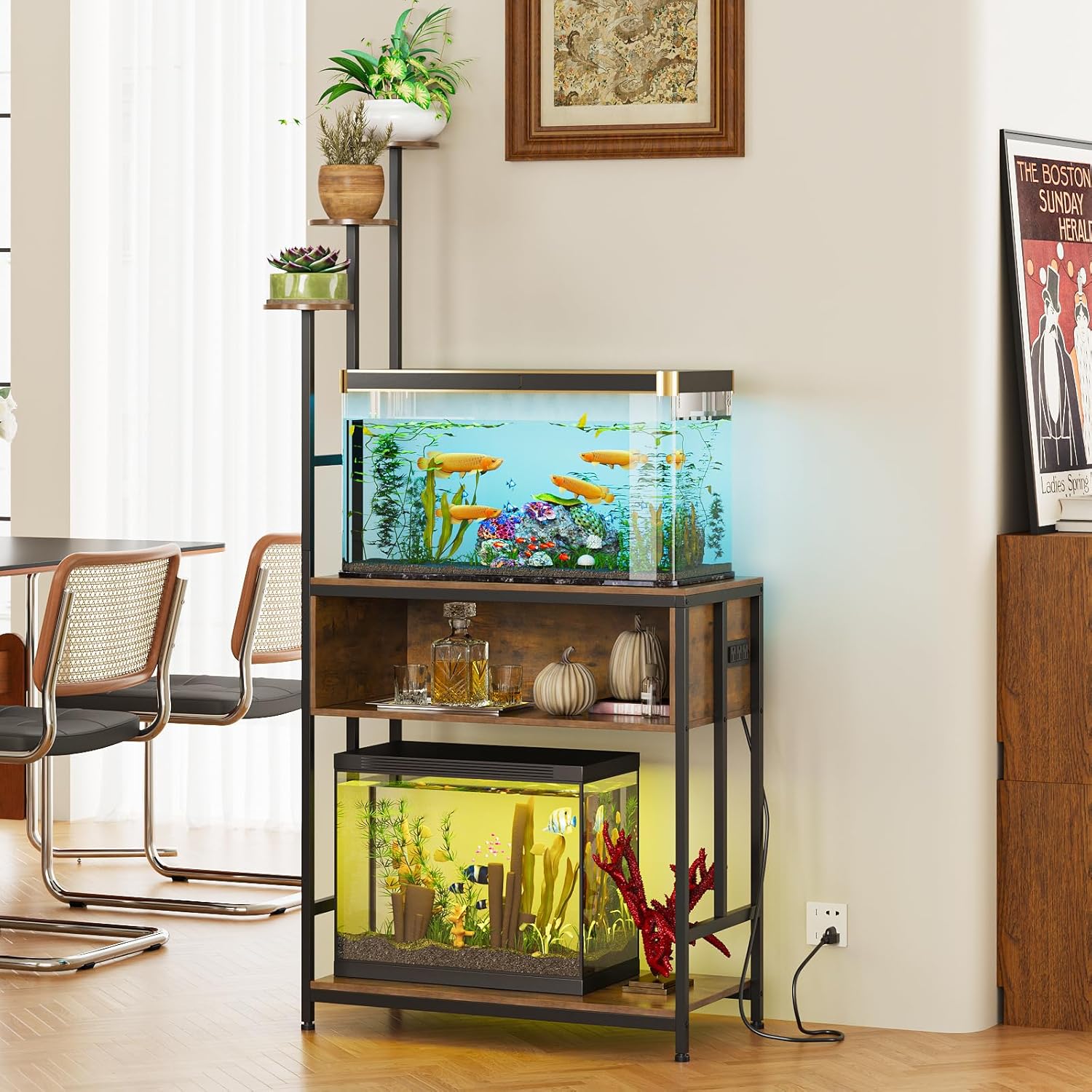 Aquarium Stand with Plant Shelves,20-Gallon Fish Tank Stand with 2-Tier Storage and Display Racks,Metal Frame Reptile Tank Table with Tall Plant Holders,Industrial Rack for Home,Office
