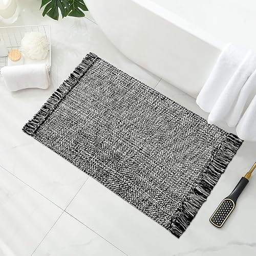 MitoVilla Alfombra pequeña de baño bohemia negra de 2 x 3 pies, alfombra tejida de algodón blanco y negro para sala de estar, alfombra de cocina