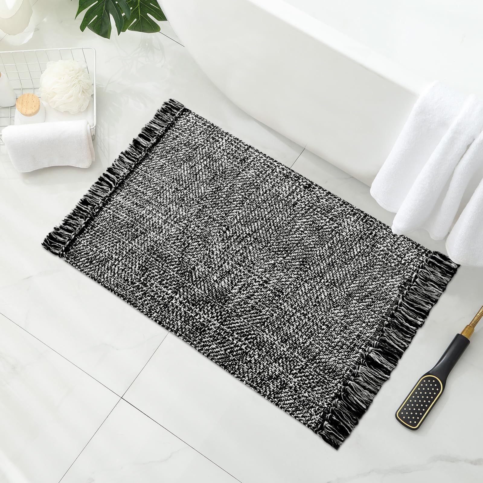 MitoVilla Black Boho Bathroom Small Rug 2'x3', Black White Cotton Woven Throw Rugs for Living Room, Modern Farmhouse Washable Kitchen Rugs, Area Rugs