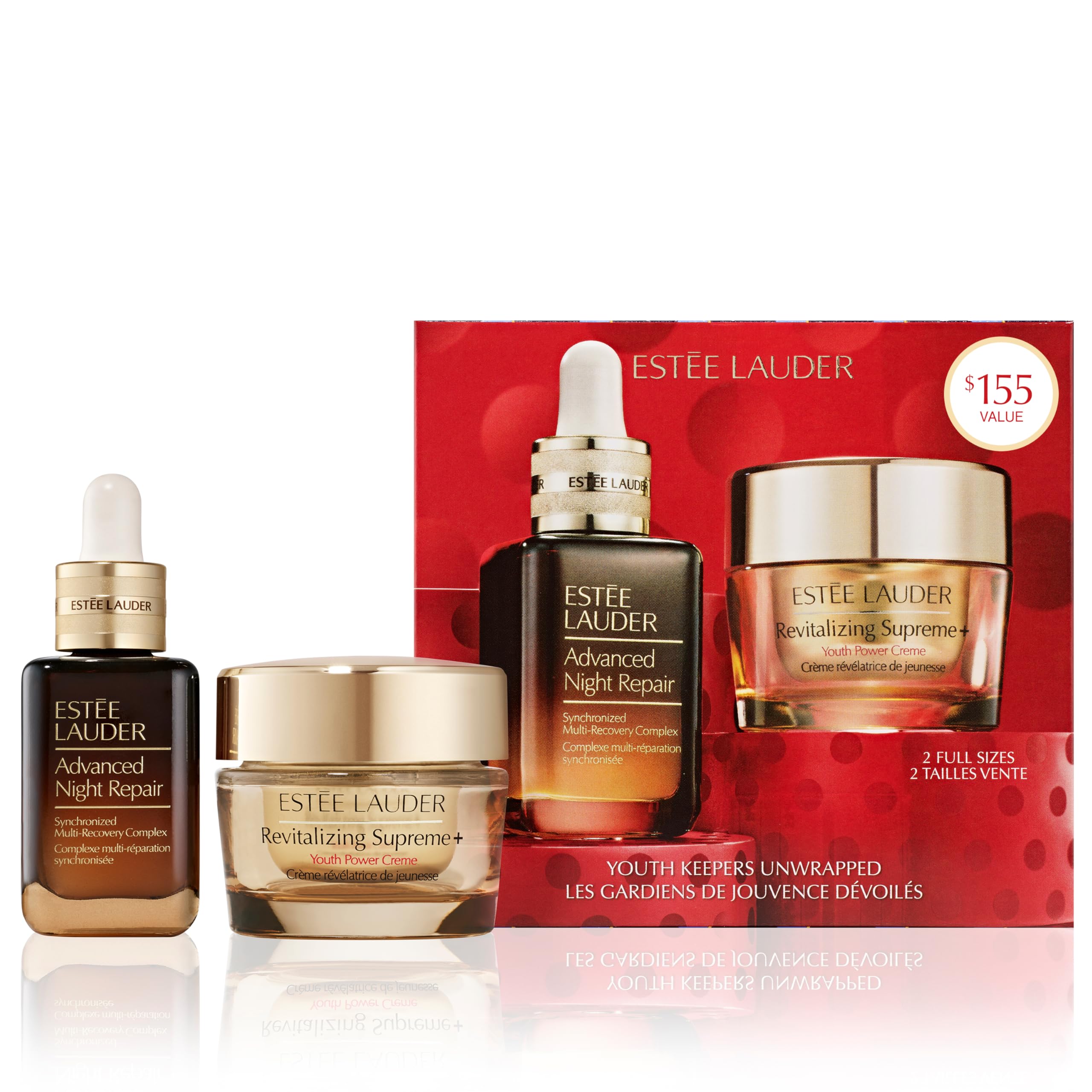 Estée Lauder Youth Keepers Unwrapped: Lift + Firm + Glow 2-Piece Skincare Gift Set | Includes Full-Size Advanced Night Repair Serum 1 Fl Oz & Revitalizing Supreme+ Moisturizer 1 Ounce