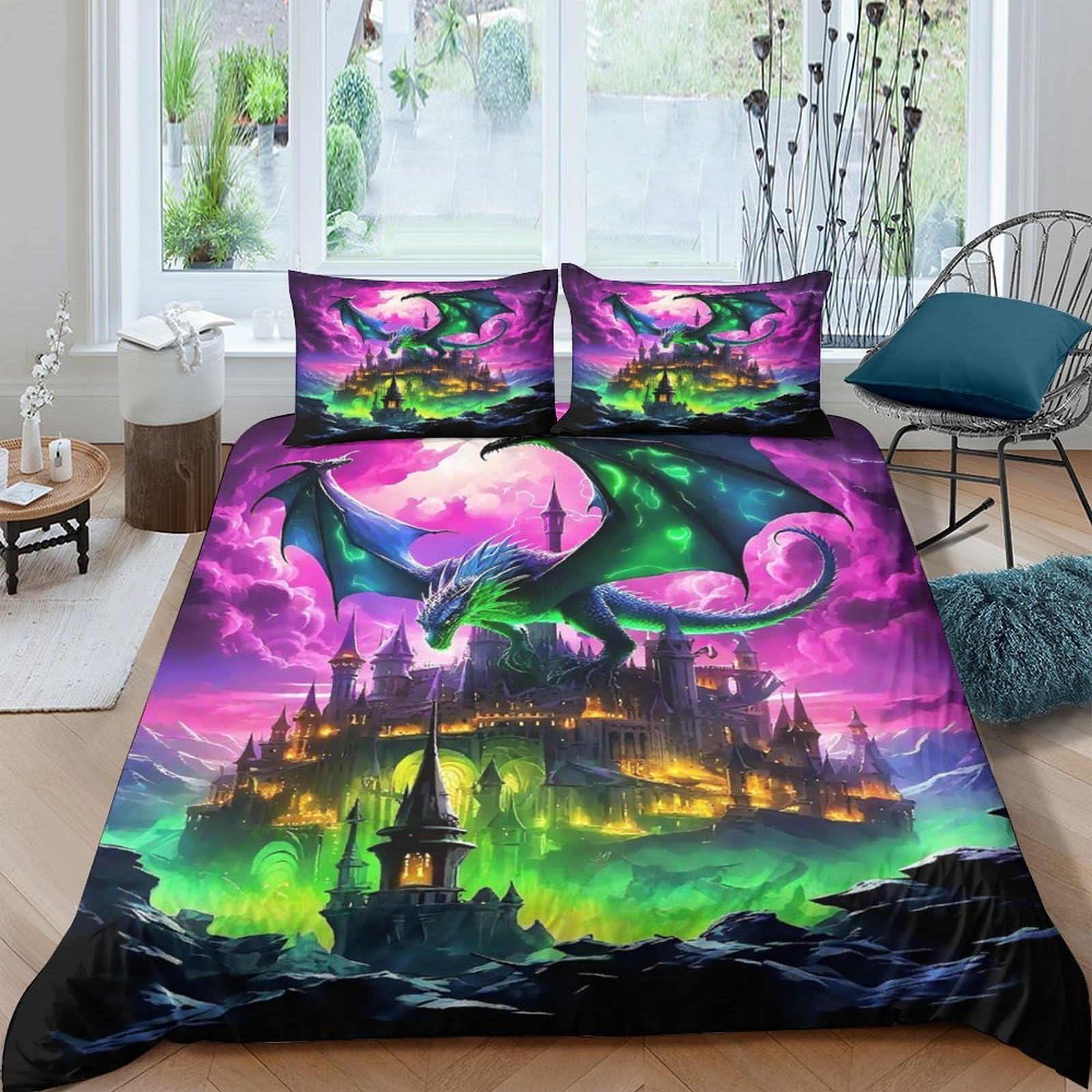 Housse de couette dragon 3D parure de lit 3 pièces cadeau pour garçons et filles