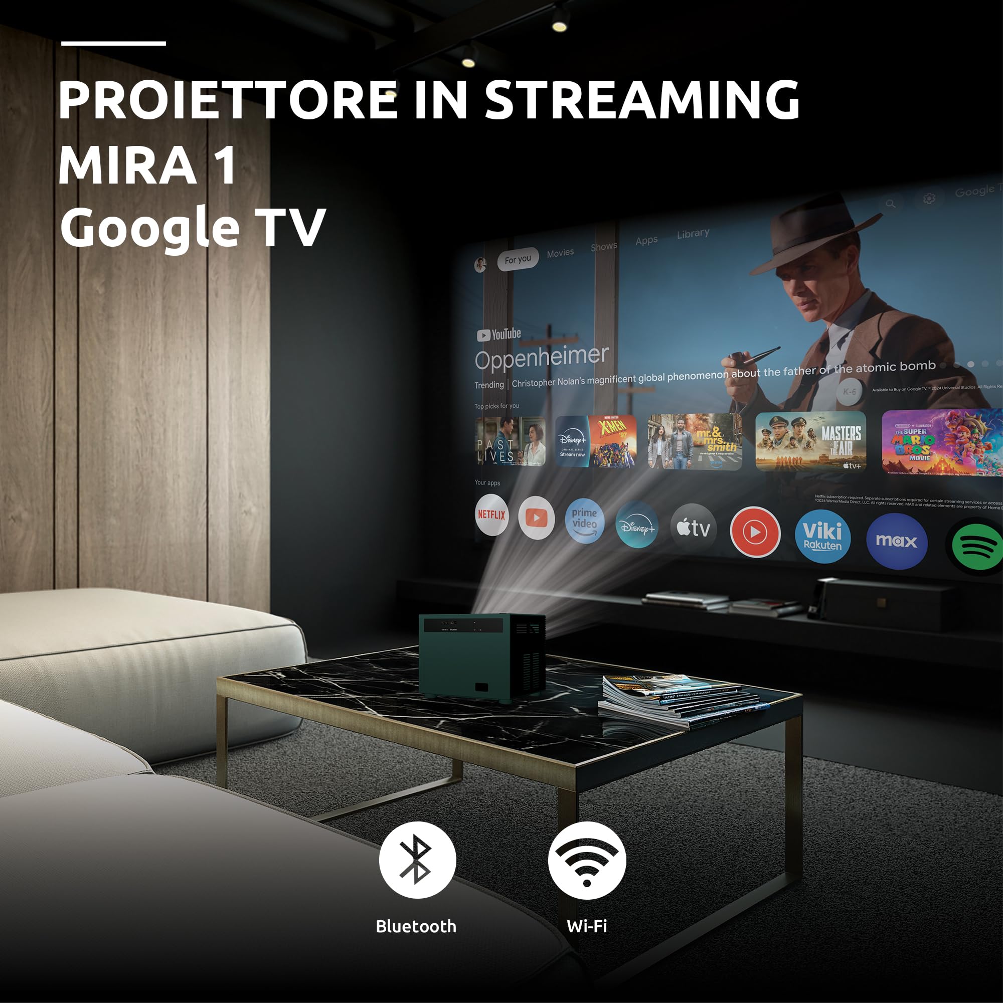Strong MIRA1 Video Proiettore Smart Ufficiale Google TV 1080P Con Supporto 4K, Auto Focus & Keystone, Wifi Bluetooth Portatile Proiettore Esterno Per Ios/Android/Home Cinema