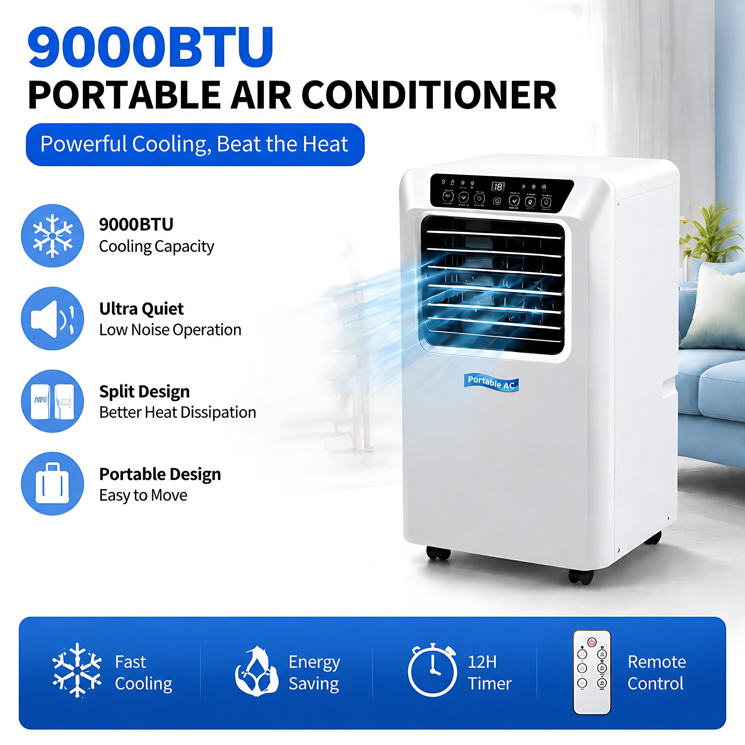 Aire Acondicionado Portátil 9000 BTU, Sistemas Frío y Deshumidificador, 3 Velocidades, Programación 12H, Kit de Sellado para Ventana, Gran Elección para Habitación y Oficina