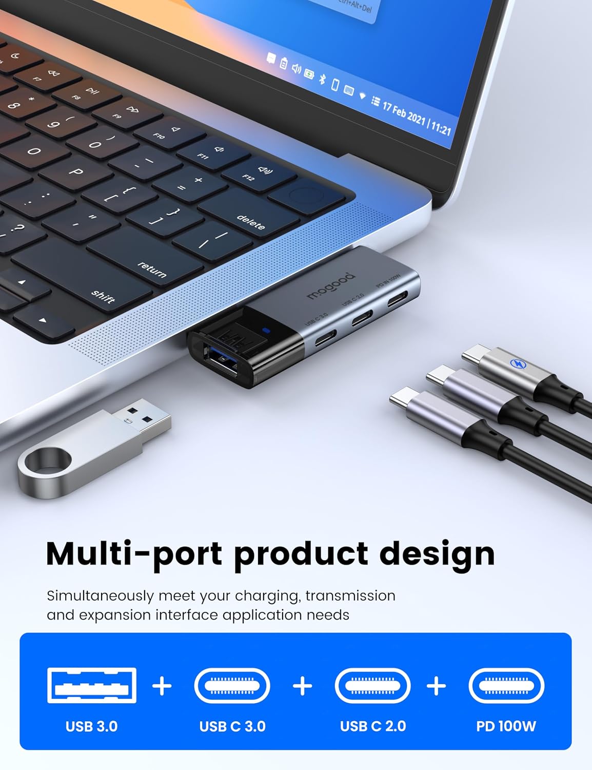 MOGOOD USB C Hub Type C Splitter 3 USB C Ultra-Slim Data Ports 100W Power Delivery Multiport C Adapter for Dell XPS, Chromebook,HP Laptops MacBook Quest3,Switch 2