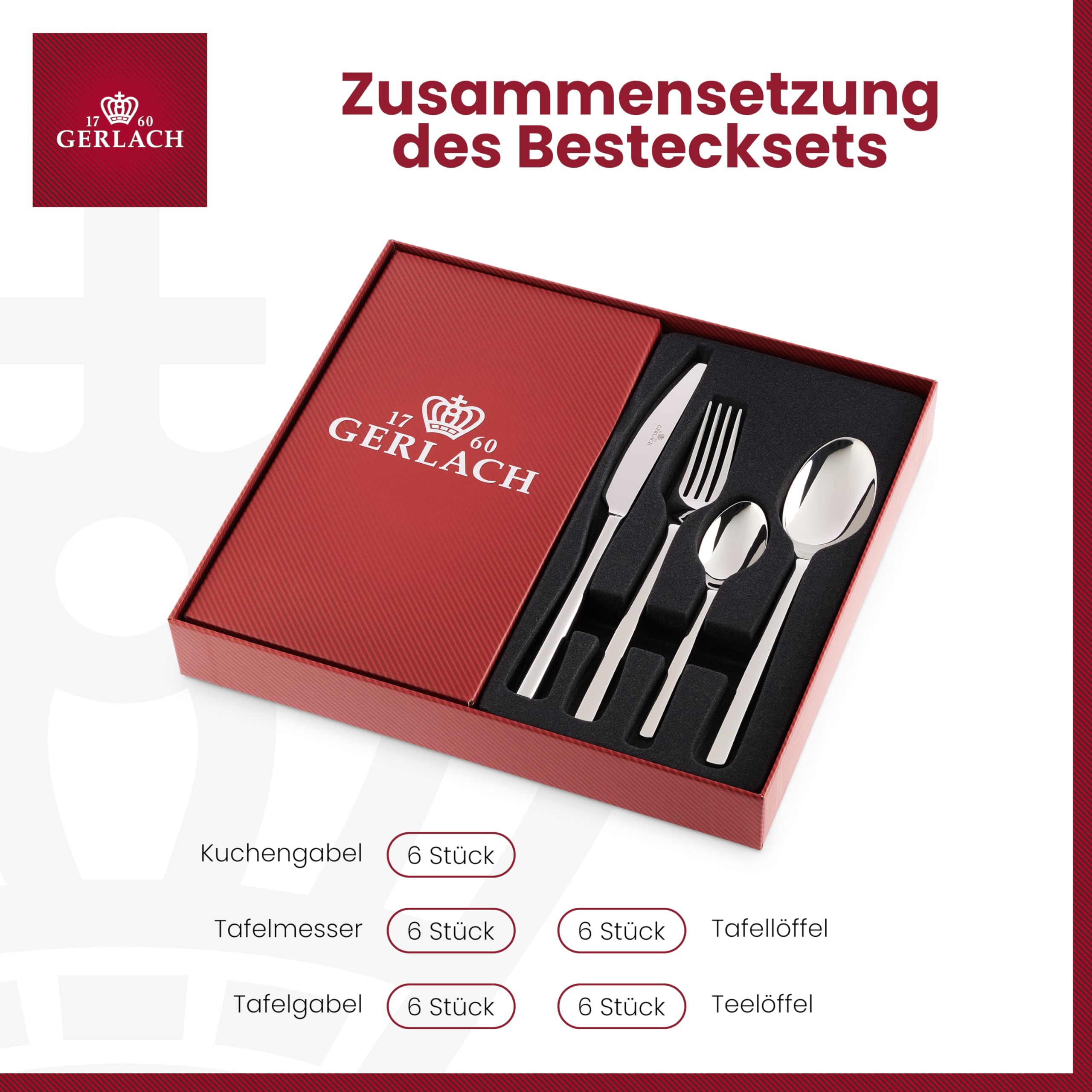 Gerlach 1760 Besteck Set für 6 Personen 24er Set Goldenes Besteckset Tafelbesteck Rostfrei Hochglanzpoliert Muza Gold