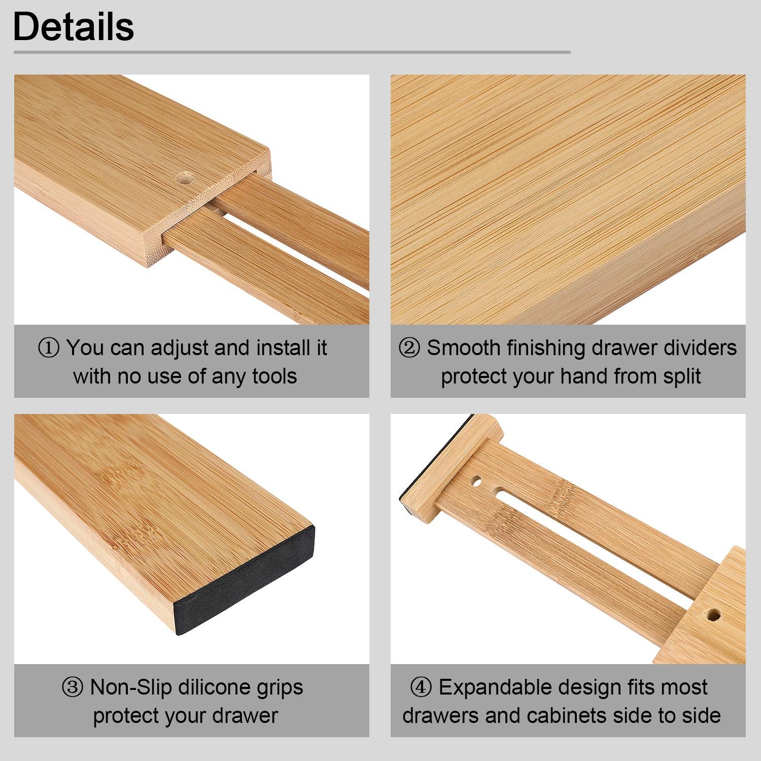 4 Pack Kitchen Bamboo Drawer Dividers, Spring Loaded Adjustable Drawer Separators (13.2"-17"), Adjustable Deep Drawers Organizer - For Kitchen Utensils, Silverware, Desk, Clothes Dresser Divider
