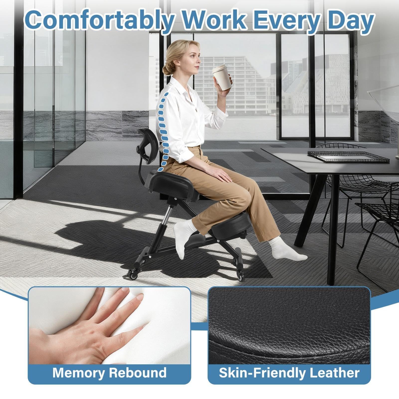 Silla ergonómica de rodillas con respaldo y reposapiés, Altura Ajustable, Cojines Gruesos, Ruedas con Bloqueo para Oficina en casa, Taburete Corrector de Postura para aliviar el Dolor de Espalda.
