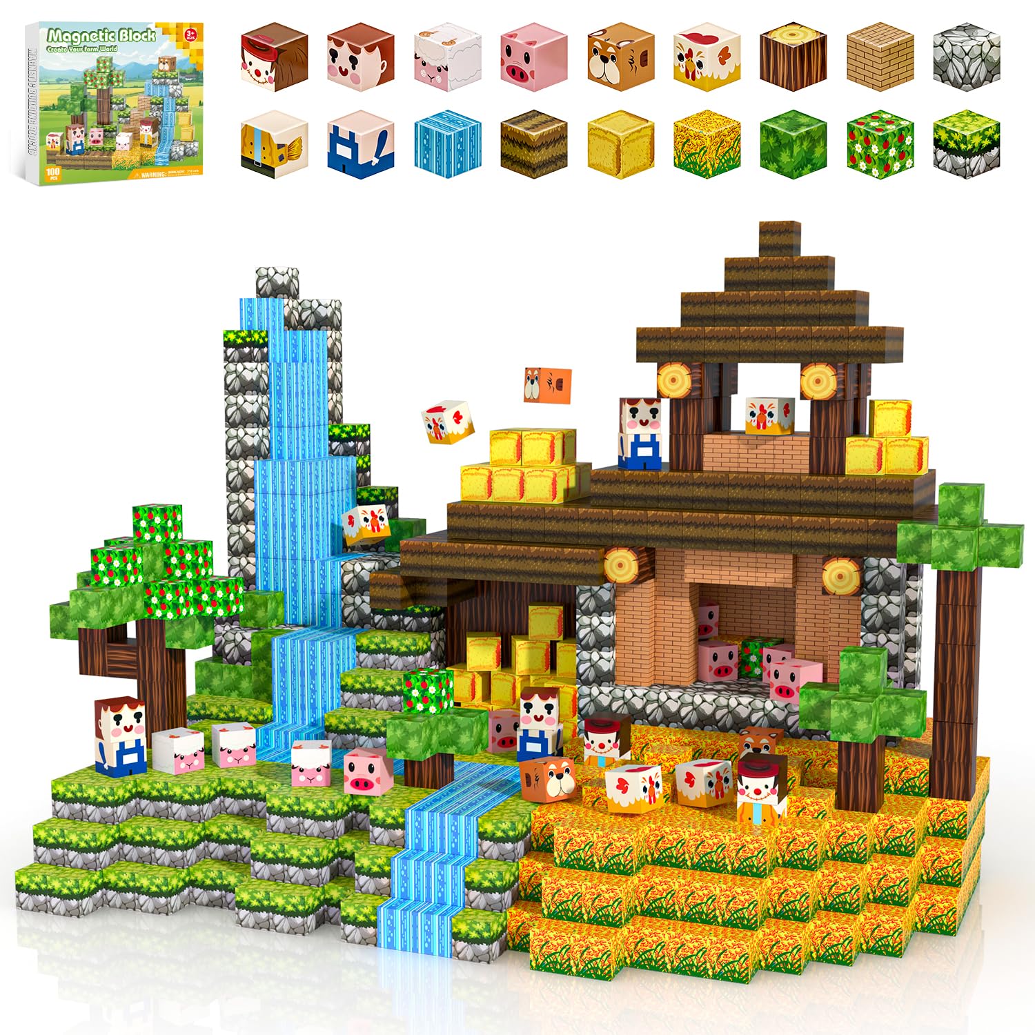 Kryzomat Magnetische Bausteine, Magnetbausteine 100PCS, Spielzeugsets für Kinder Jungen Mädchen, Magnetic Blocks Bauernhof für Geburtstag Weihnachten