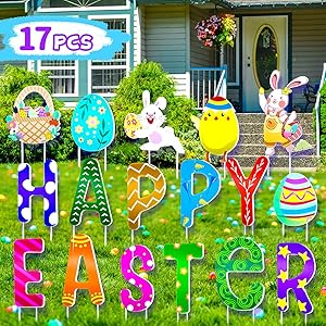 17 PCS Easter Decorations Easter Yard Sign, Happy Easter Yard Signs with Stakes Yard Signs Outdoor Waterproof Easter Garden Party Supplies Prop Alphabets Rabbits Chicken Egg Basket