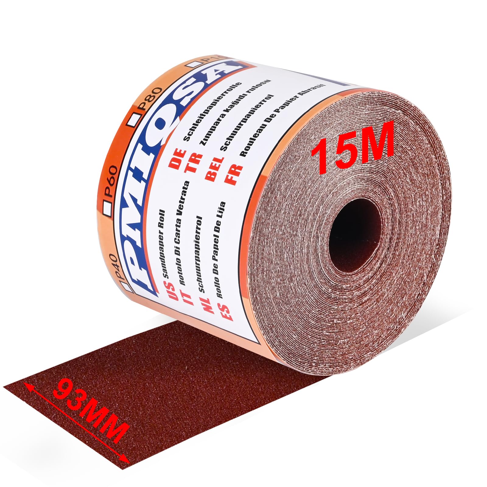 PMIQSA Sandpaper Roll 180 Grit, 93mm x 15m Emery Cloth Sanding Rolls, Aluminium Oxide Abrasive Sanding Paper for Automotive, Woodworking Color, Finishing Metal