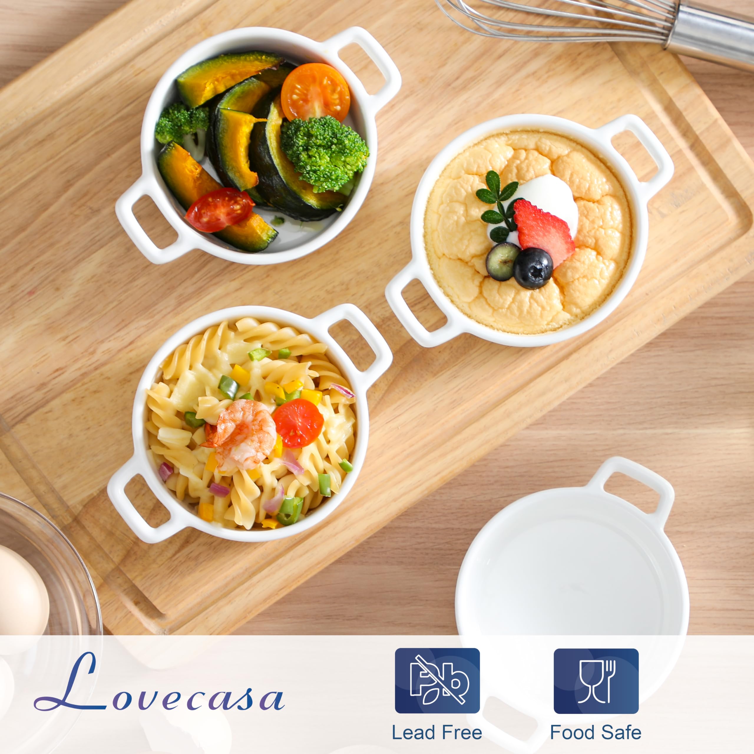 LOVECASA, 200ml Ramequin Dish Moule à Soufflé, Sets de Pâtisserie en Porcelaine 6 Pièces pour Brûlée, Quiché, Tarte, Pasta-14,5cm, Rond