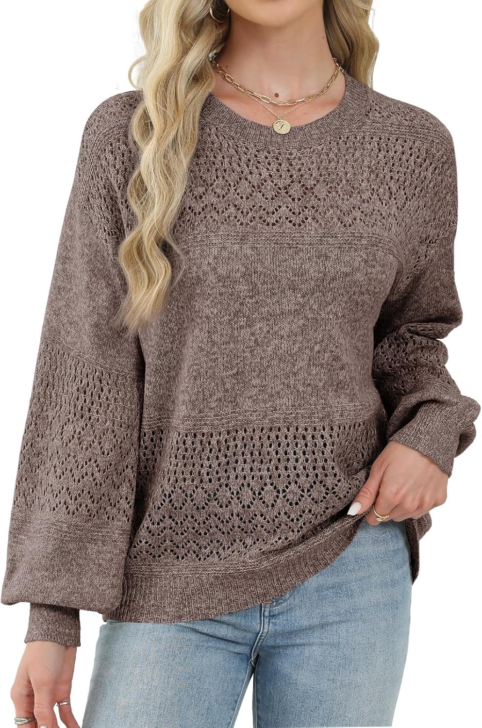 Lylinan Womens Sweaters Casual Boho Long Sleeve Shirts Crewneck Lightweight Crochet Tops Pullover Knit Sweater - Image 2