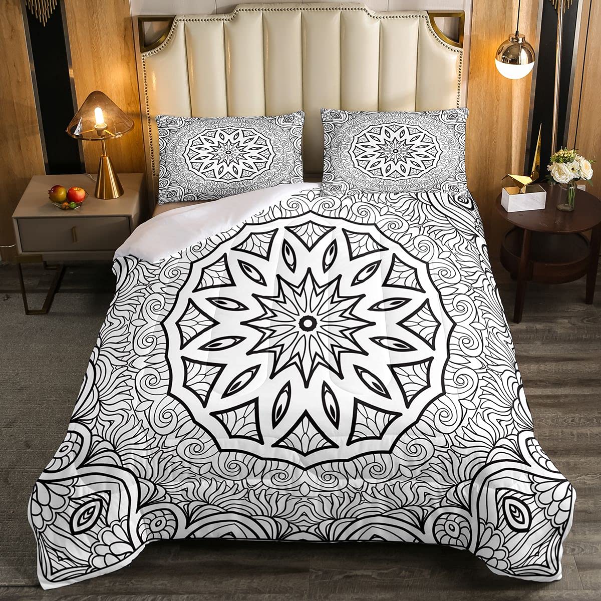 Black and White Mandala Bedding Set Kids Ethnic Retro Bohemian Paisley Floral Pattern Bedding Set Boys Girls Teens Boho Style Room 2Pcs Single Size — image 1