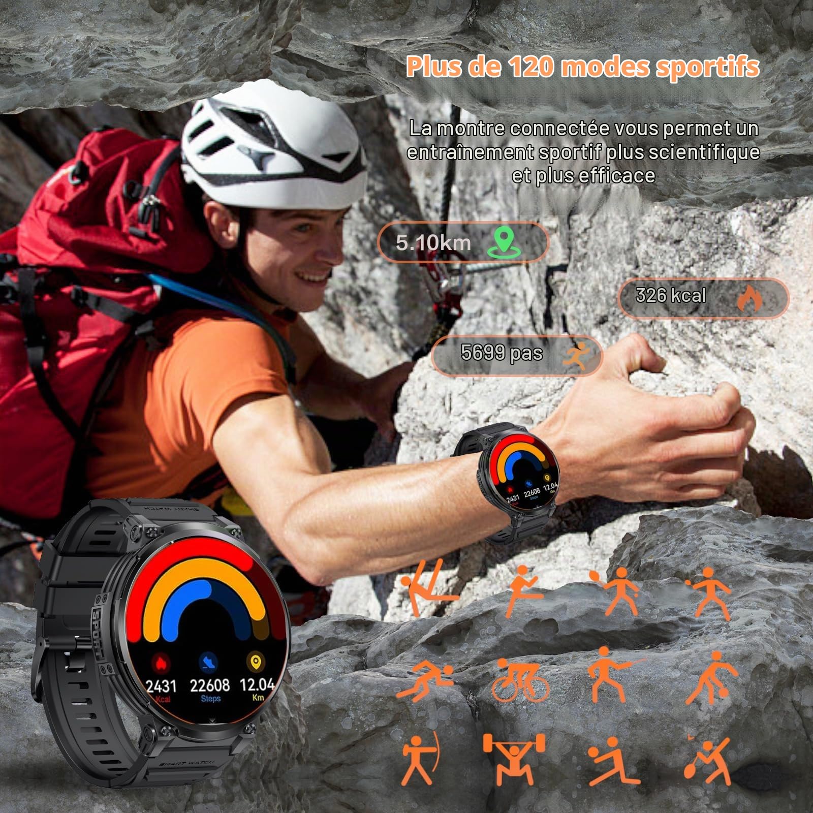 Montre Connectée Homme - 1.85'' HD Grand Écran Montre Connectée avec Torche LED/730mAh/IP68 Étanche, 120 Modes Sportifs, Moniteur de Fréquence Cardiaque/Sommeil/Sp02, Smartwatch Homme pour Android iOS