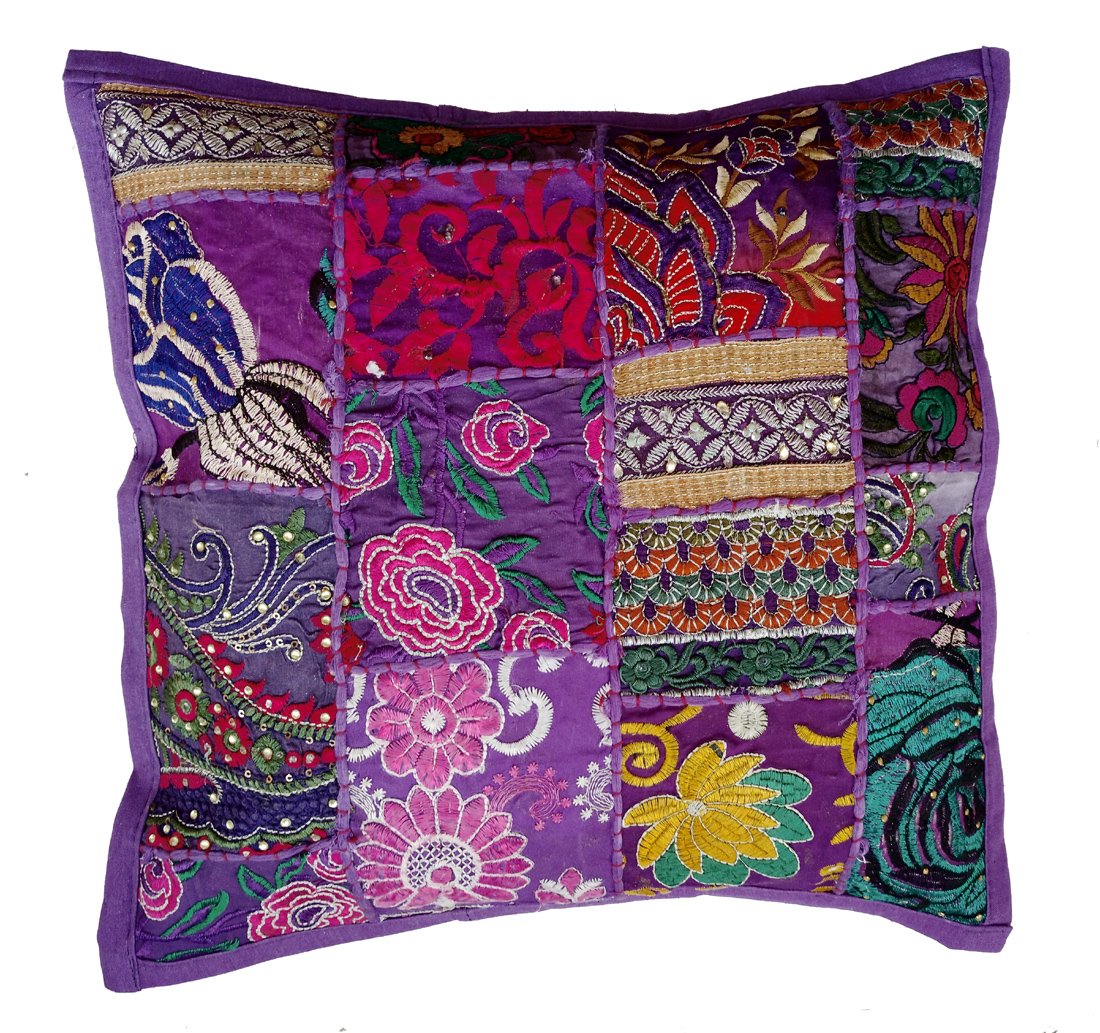Rastogi Handicrafts Handmade Patchwork Cushion Pillow, Sari Patch Throw Pillow Indian Ethnic Pillow Covers Embroidered Sari Patchwork Cushion Cover (Purple)