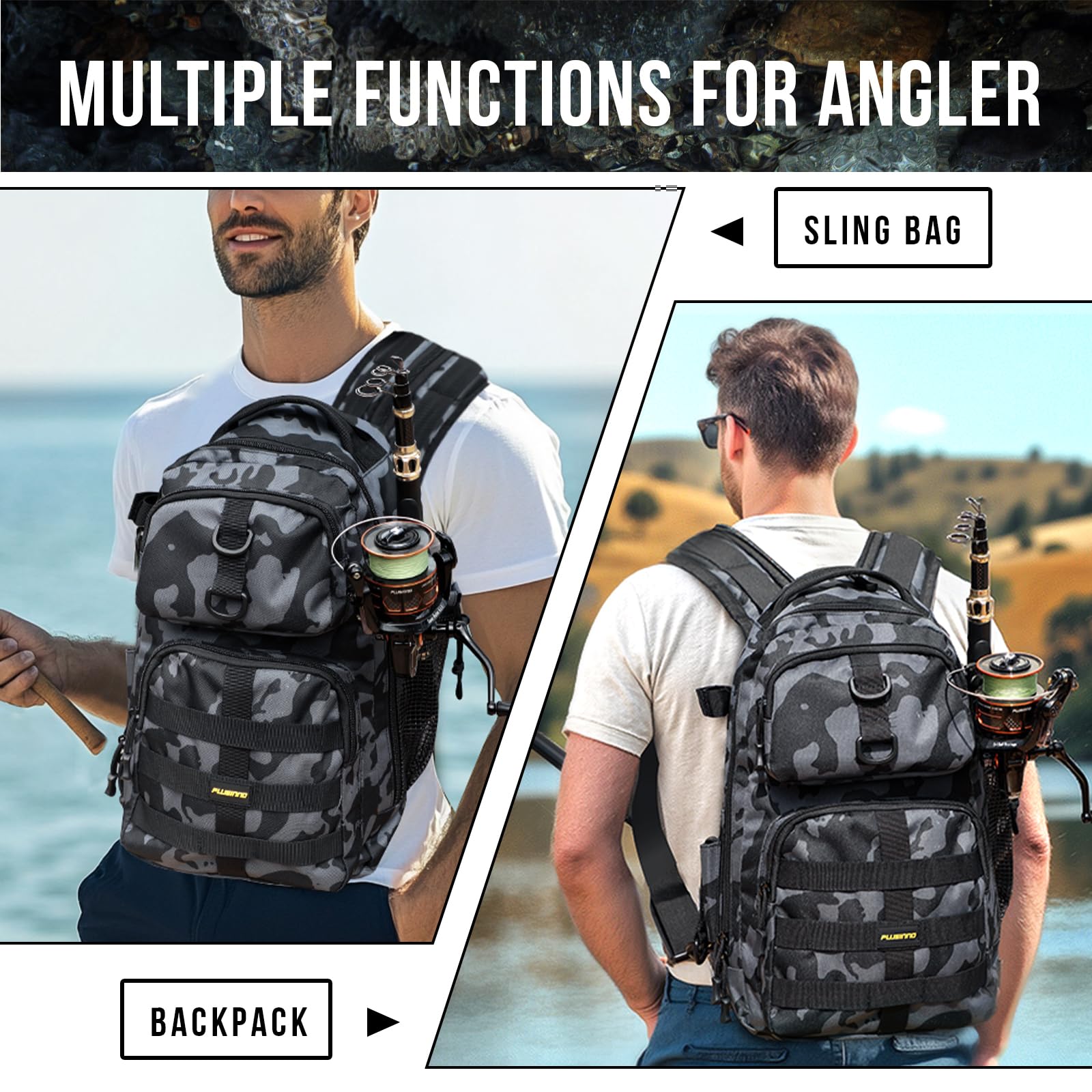 PLUSINNO Fishing Backpack with Tackle Boxes, Waterproof Sling Tackle Bag For Fishing Gear With Rod Holder,Gifts for Men