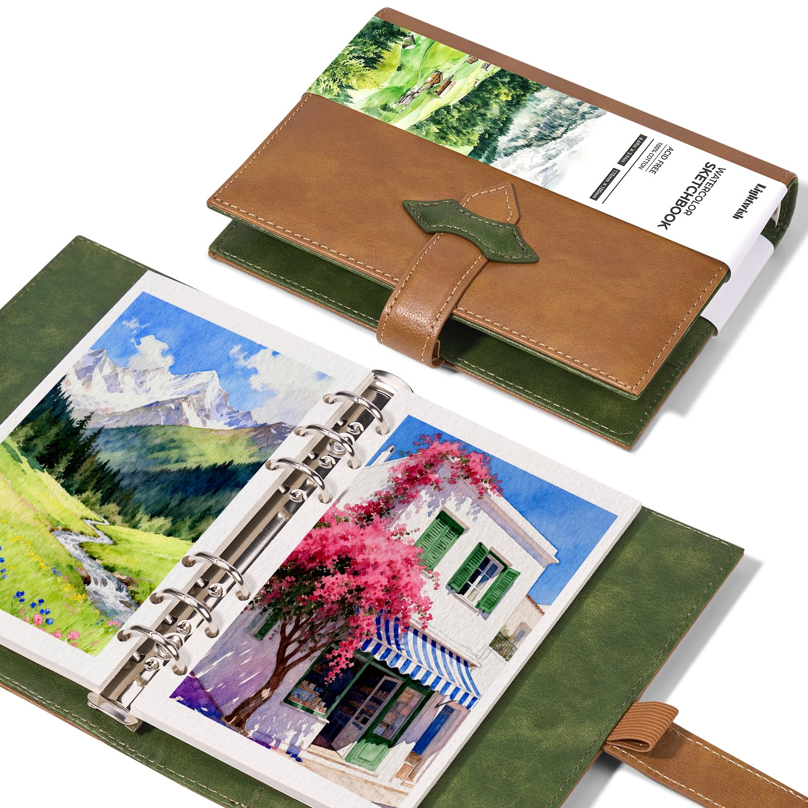 Lightwish Watercolor Sketchbook, 100% Cotton 300gsm Cold Press, 17x10cm (6.69" x 3.94"), 20 Sheets, Binder Bound & Refillable, Acid Free Paper for Artists, Adults, Students, Travel Art Journal