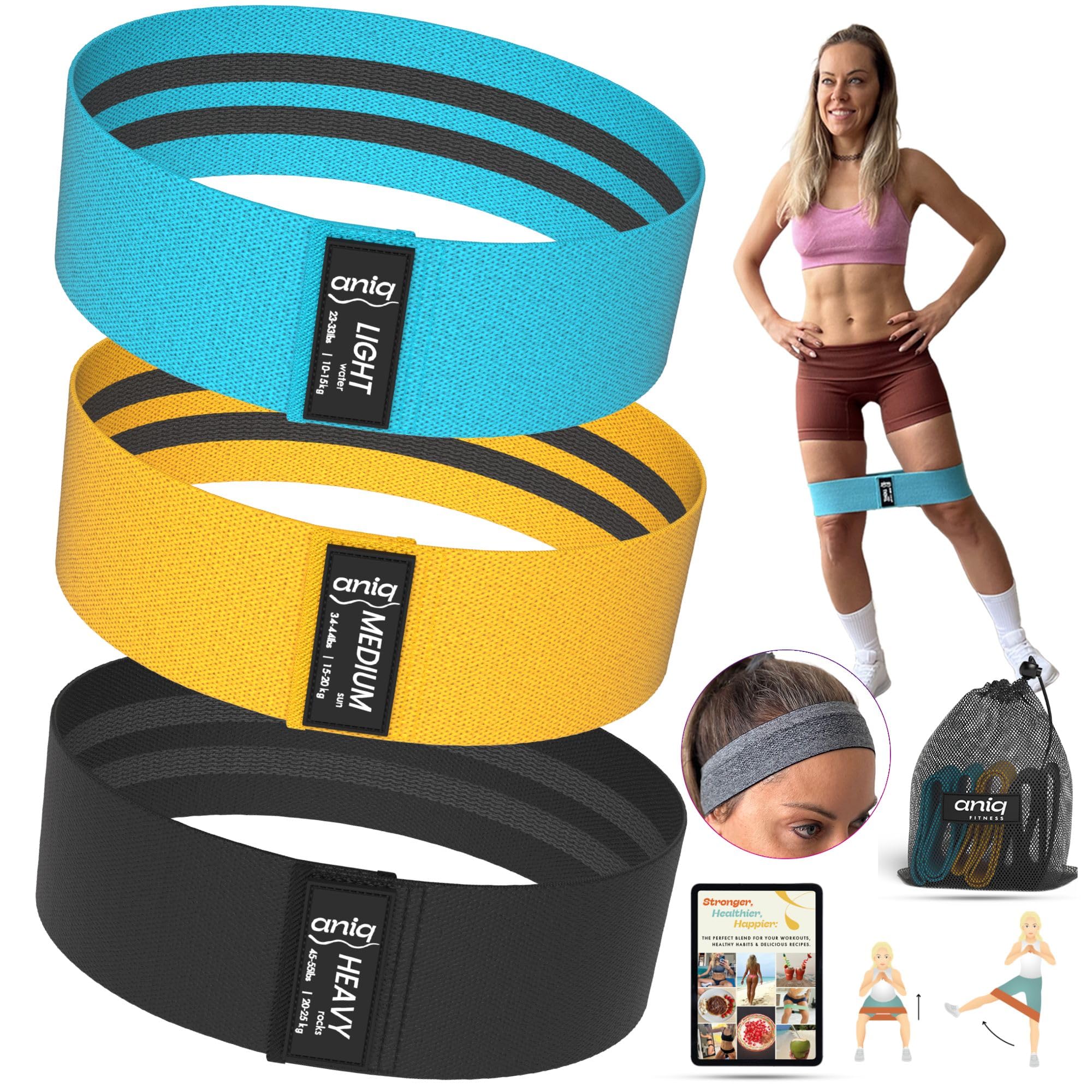 ANIQ - The Original Resistance Bands Set Booty Bands Fabric Extra Thick 3 Levels - Includes Headband Workout