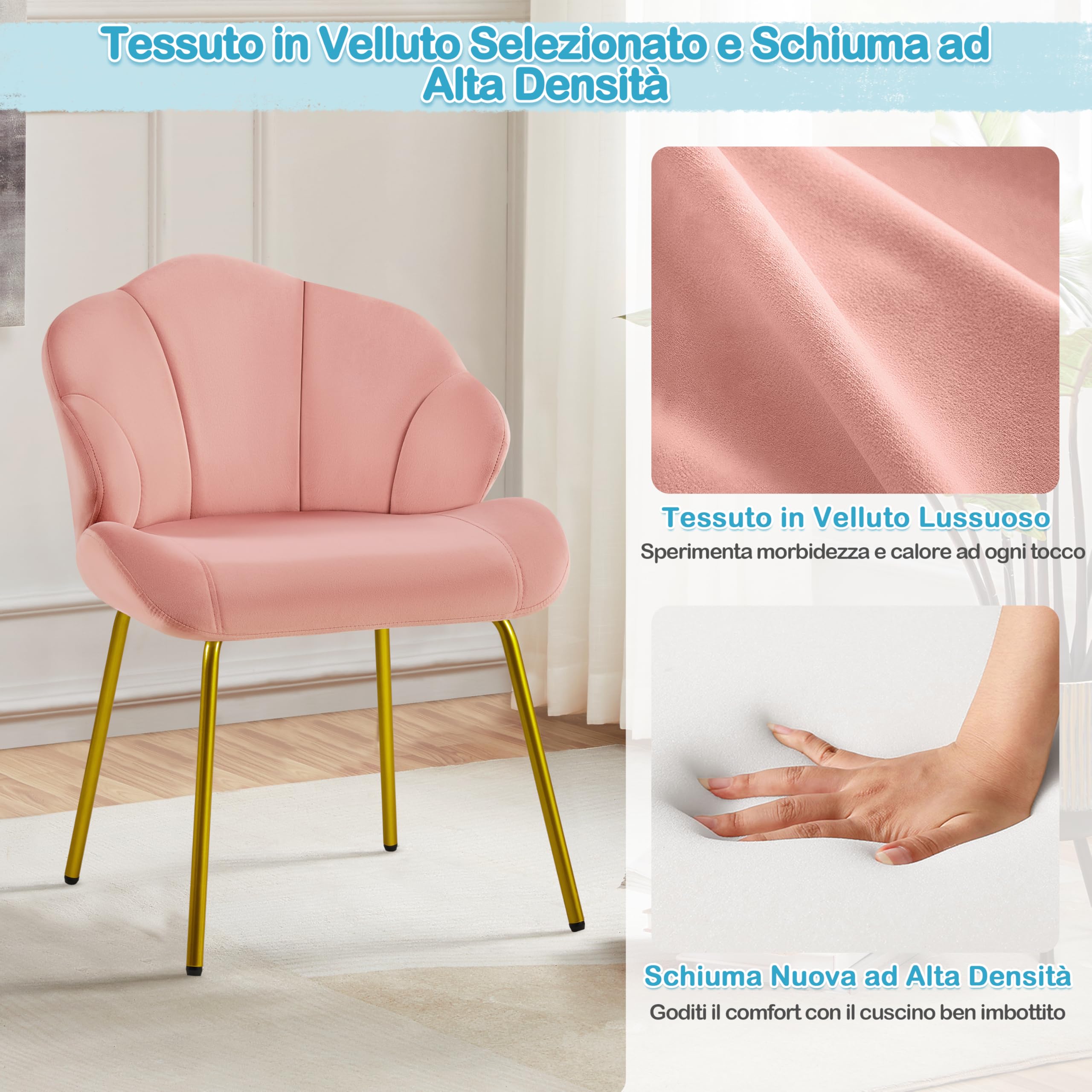 Yaheetech Poltrona in Velluto Moderno Poltrocina con Schienale a Forma di Conchiglia Sedia Imbottita da Lettura per Soggiorno Camera da Letto Ufficio Sedia Laterale da Salotto Shell Rosa