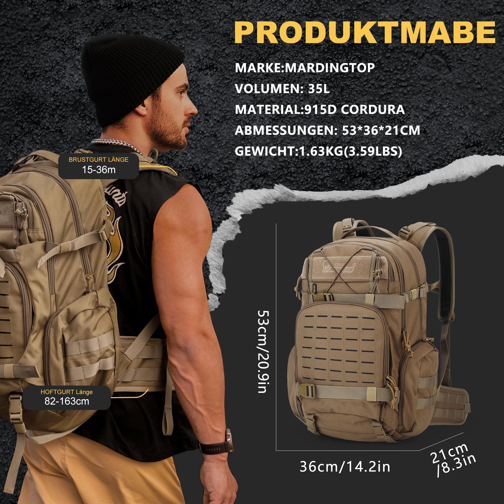 Mardingtop Molle plecak wojskowy, 35 l, plecak turystyczny, taktyczny, męski, plecak trekkingowy, plecak Cordura, na wędrówki, wspinaczkę górską, survival