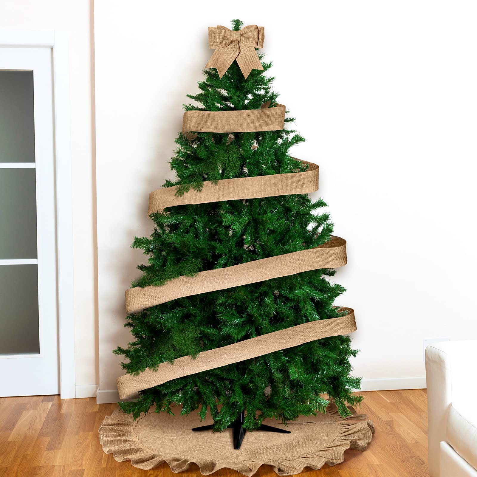 Jupe de Sapin de Noël en Toile de Lin avec Garniture à Volants Jupe d'arbre de Noël pour Décor Sapin de Noël et 3 Pouces Ruban Artisanat en Tissu de Toile de Lin Large 10 Yards (47 Pouces)