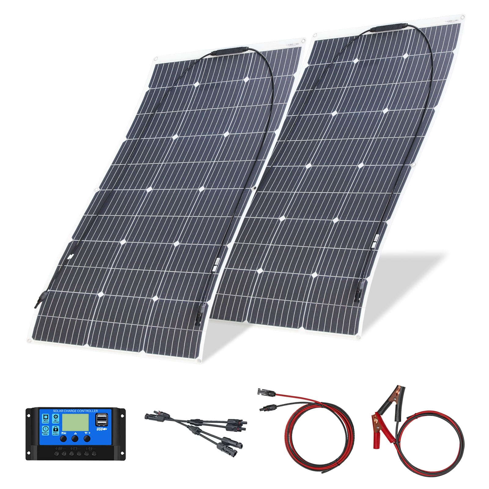 200W Flexible Panneau Solaire Kit Monocristallin avec contrôleur 20A Sortie USB pour charger les Batteries 12V 24V (gel AGM ventilé) pour camping-car, caravane, bateau, toits
