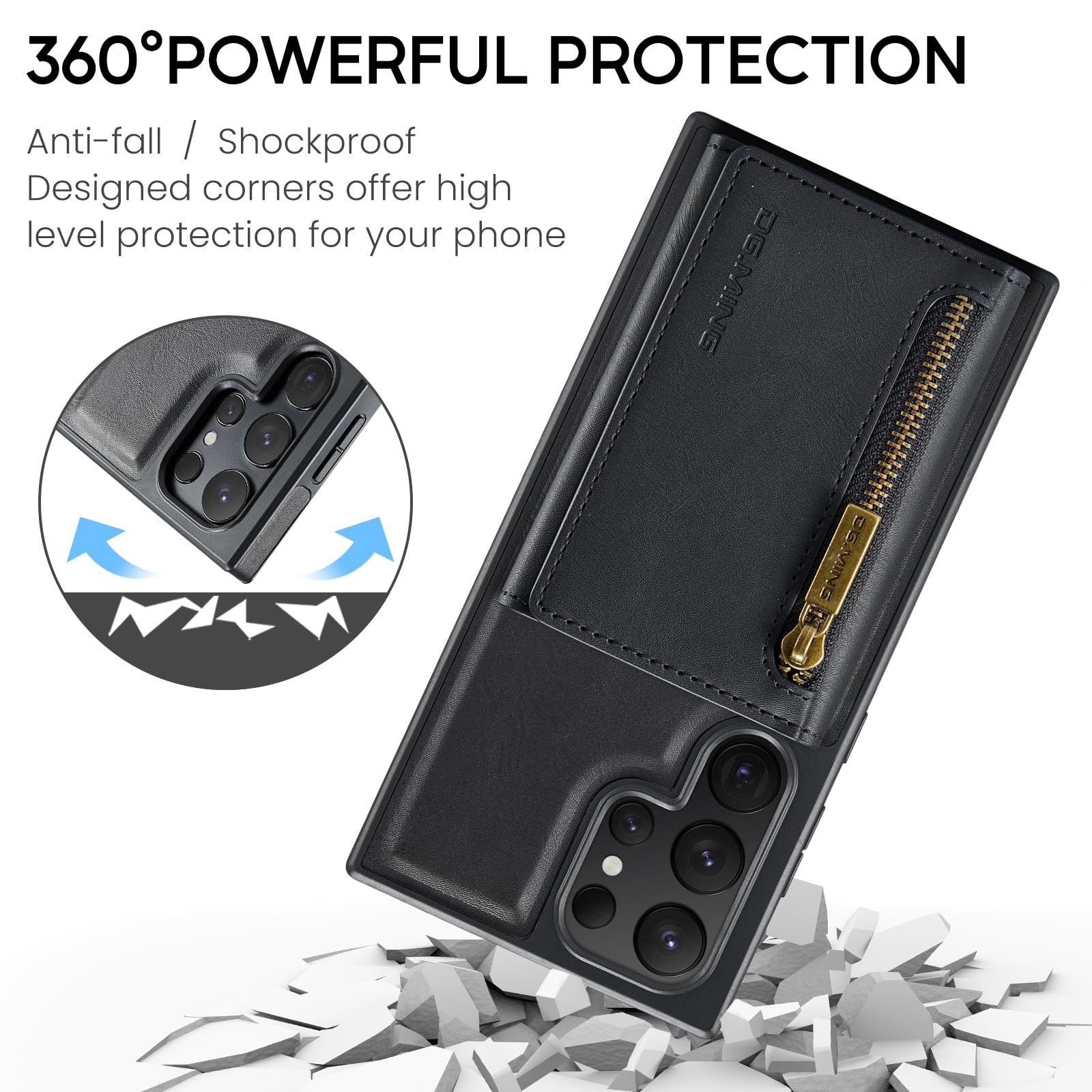 Custodia a portafoglio 2 in 1 per iPhone 14 Pro, custodia in pelle opaca con cerniera, staccabile, con fibbia a cinturino - Nero