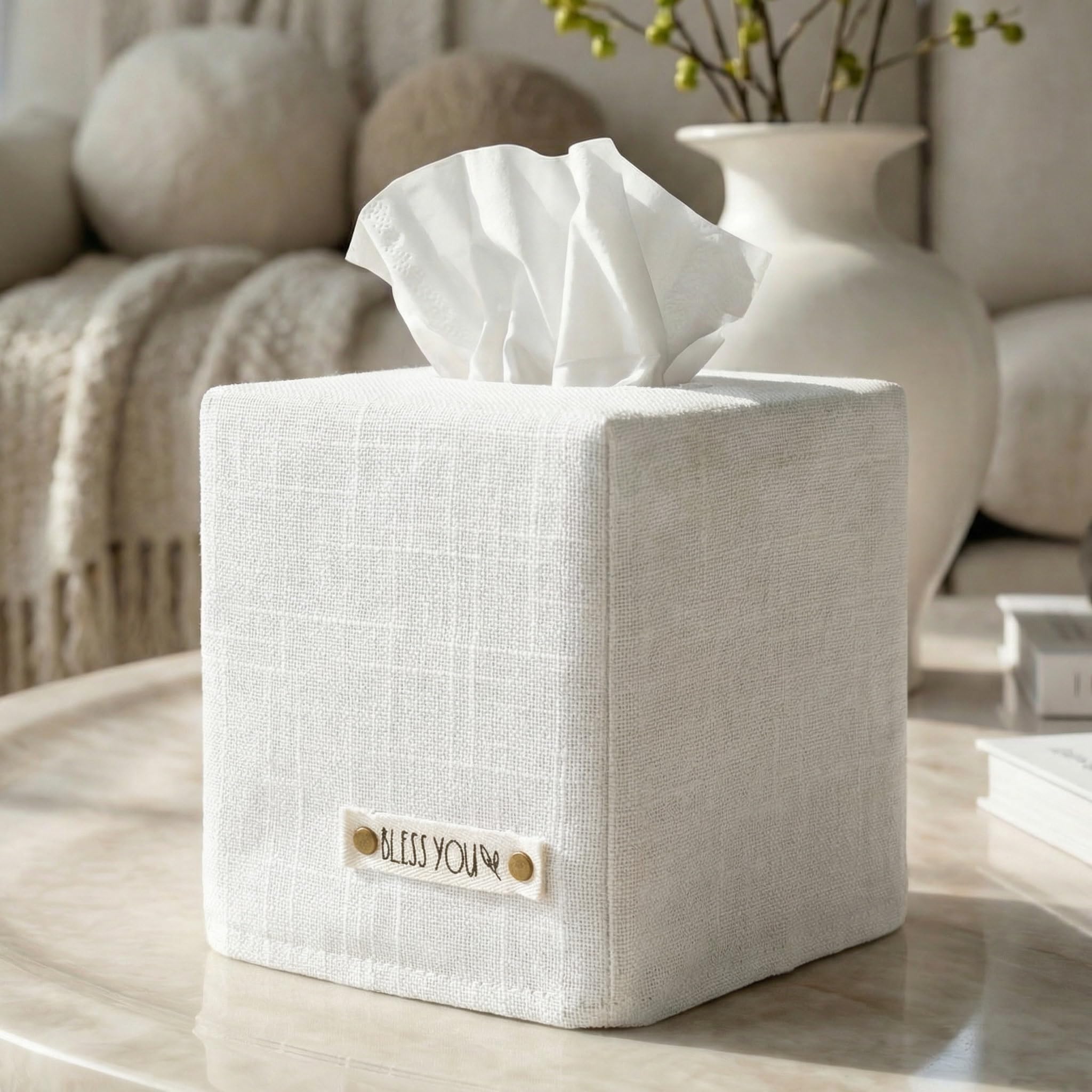 Stylish Tissue Box Cover - This White Linen Holder Instantly Covers Your Square Tissue Boxes - The Perfect Cube Cover for Your Bathroom and Home