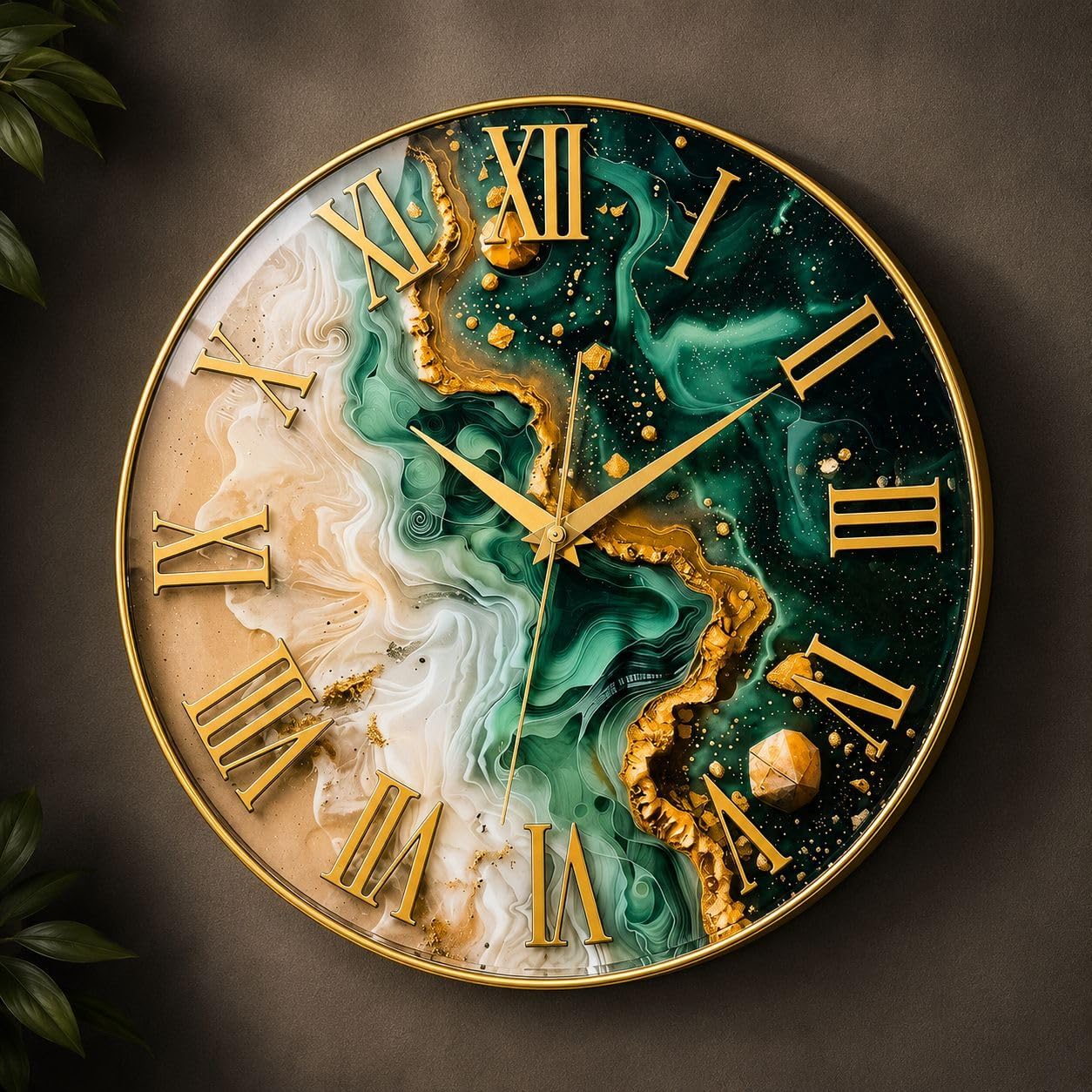 Resin Art Wall Clock with Gold Roman Numerals, Green & Gold | Rasin Effect Dial, Gold Metal Frame, Fluid Art Design, Home Decor, Round Shape-image-41