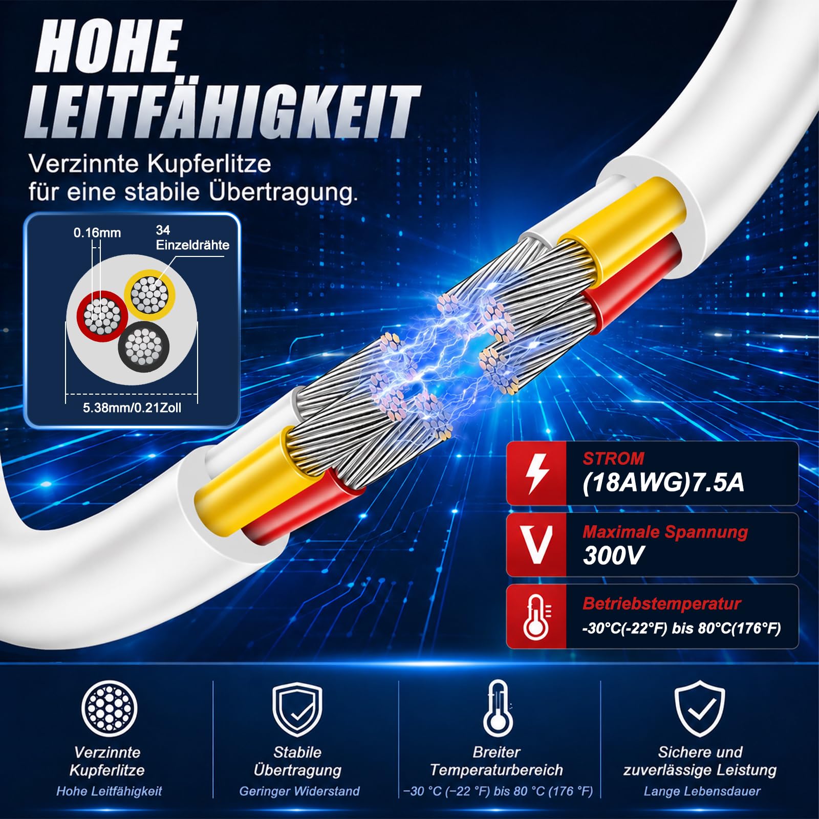 Weiß 18AWG Kabel 20M, 3x0,75mm² 3-adriges Kupferkabel verzinnt Flexible Niederspannungsleitung für 5V/12V/24V, LED, KFZ, Lautsprecher und DIY-Projekte