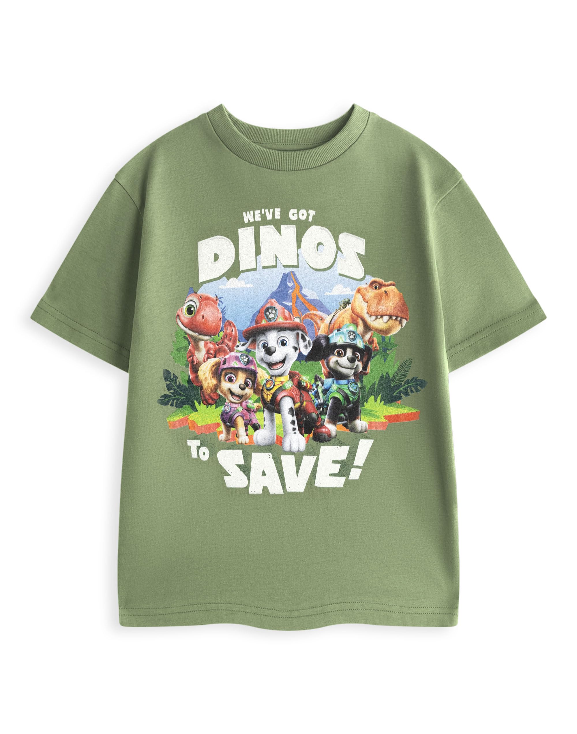 Paw Patrol Boys Khaki Kids Green Graphic Tee | Skye Marshall Rex Dinos To Save Print Short Sleeve T-Shirt | 100% Cotton Crew Neck Girls Everyday Top | Official Merch Gift - 3-4 Years
